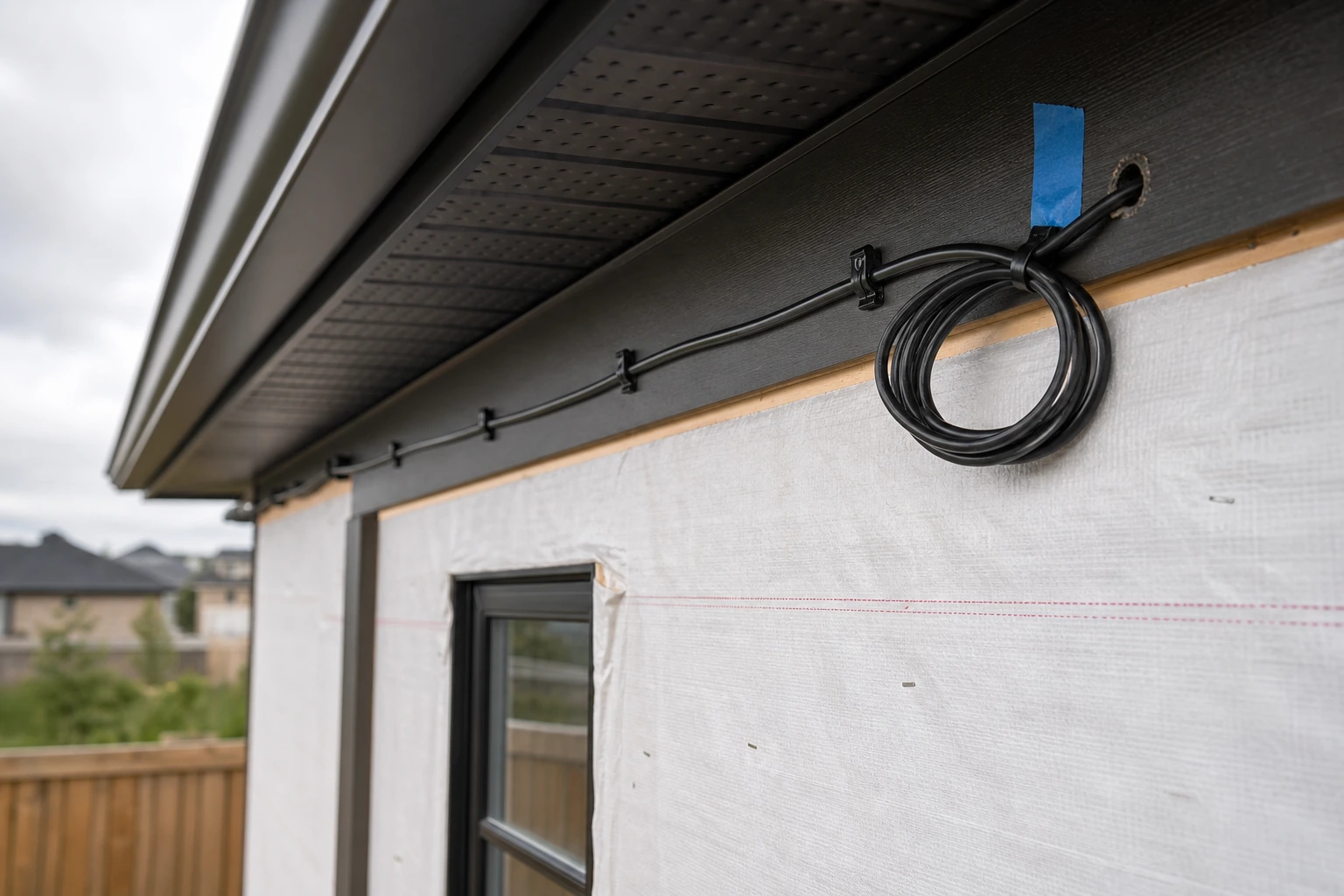 Black outdoor-rated direct burial ethernet cable run along an exterior soffit toward a marked security camera position on a GTA residential property