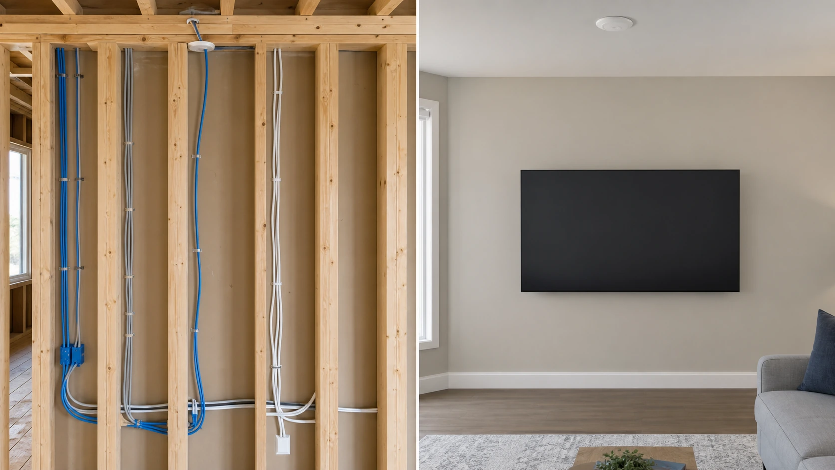 Two-panel before and after - open wall framing with roughed-in low voltage cables on the left, the same finished room with a clean wall-mounted TV and no visible wiring on the right