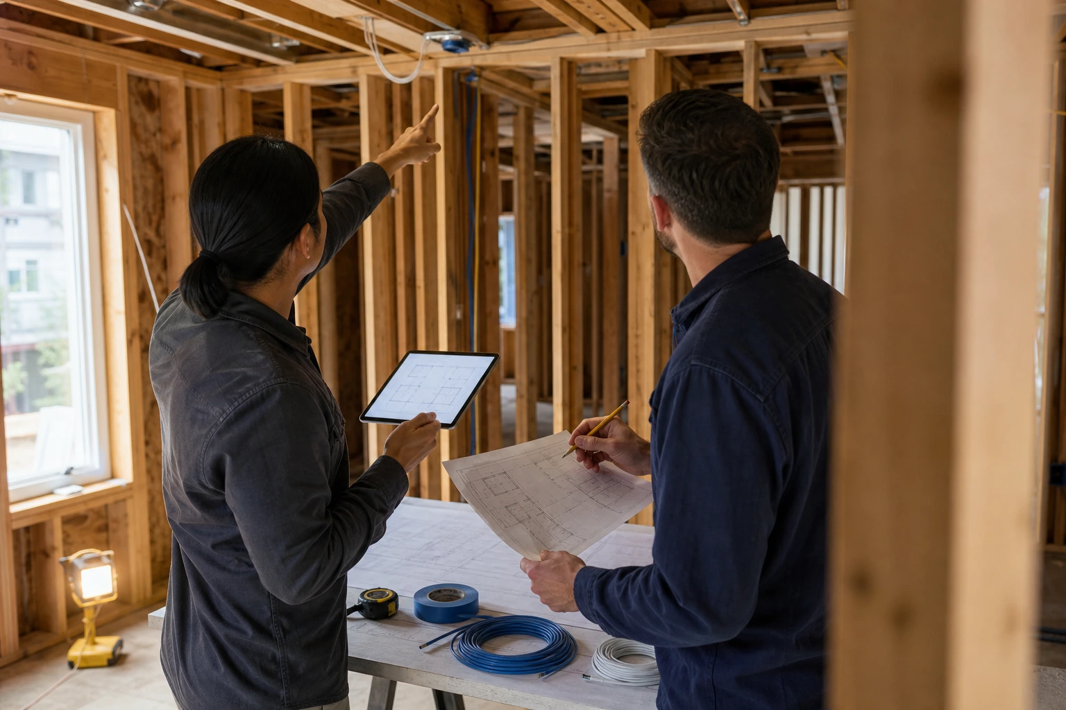 Two professionals reviewing home plans on a tablet and printed blueprints inside an open-wall renovation, planning low-voltage cable runs before drywall