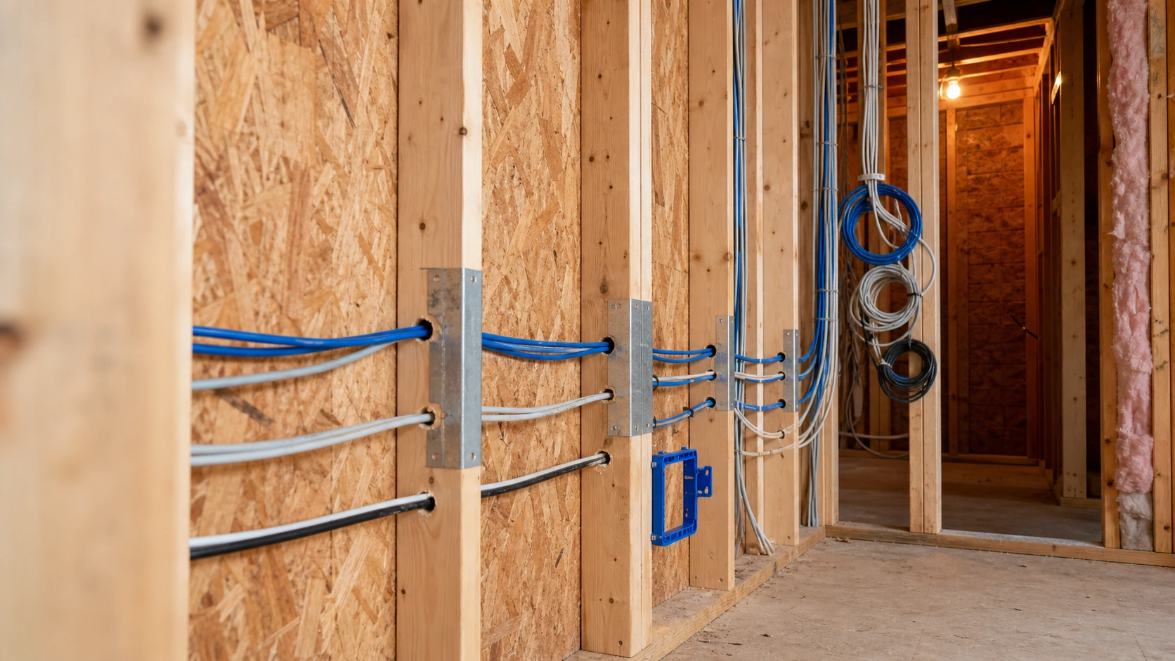 Open wood-stud wall framing during a Toronto renovation with Cat6 network cable and speaker wire run cleanly through drilled studs before insulation and drywall