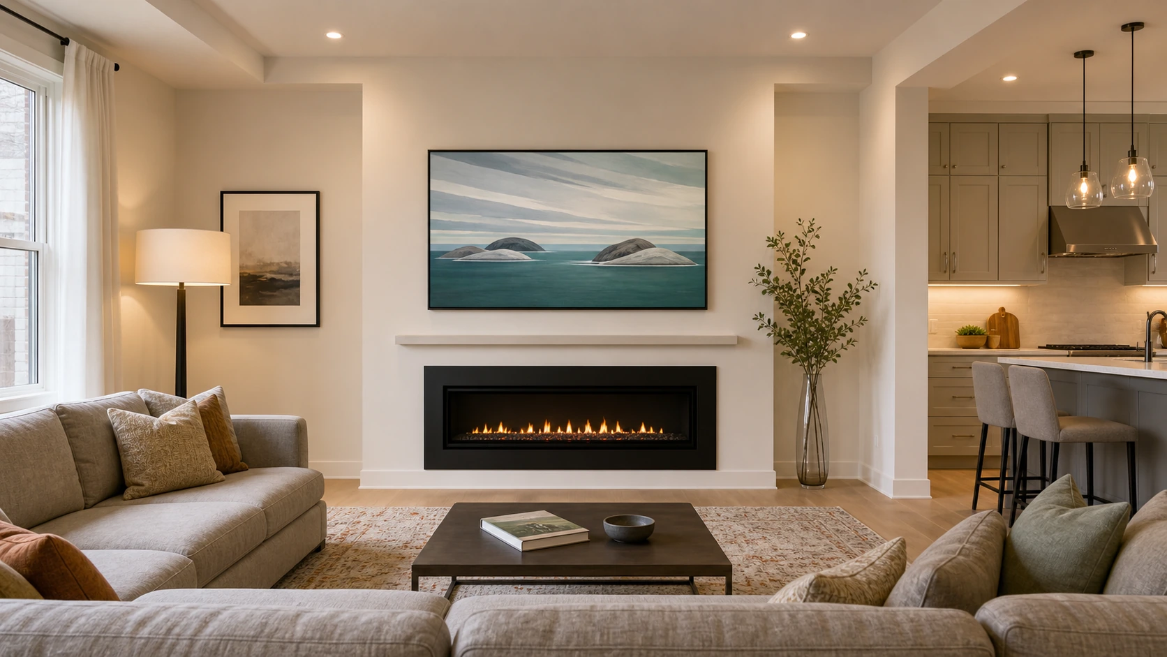 Maple post-2000 builder-detached family great room with a 65-inch Samsung Frame TV mounted flush above a modern direct-vent gas fireplace, Modern matte-black bezel, Art Mode displaying a soft Lawren Harris-influenced Lake Superior abstraction, fresh warm-white drywall feature wall, warm engineered-oak floor, family-sized sectional sofa, conventional 9-to-10-foot ceiling