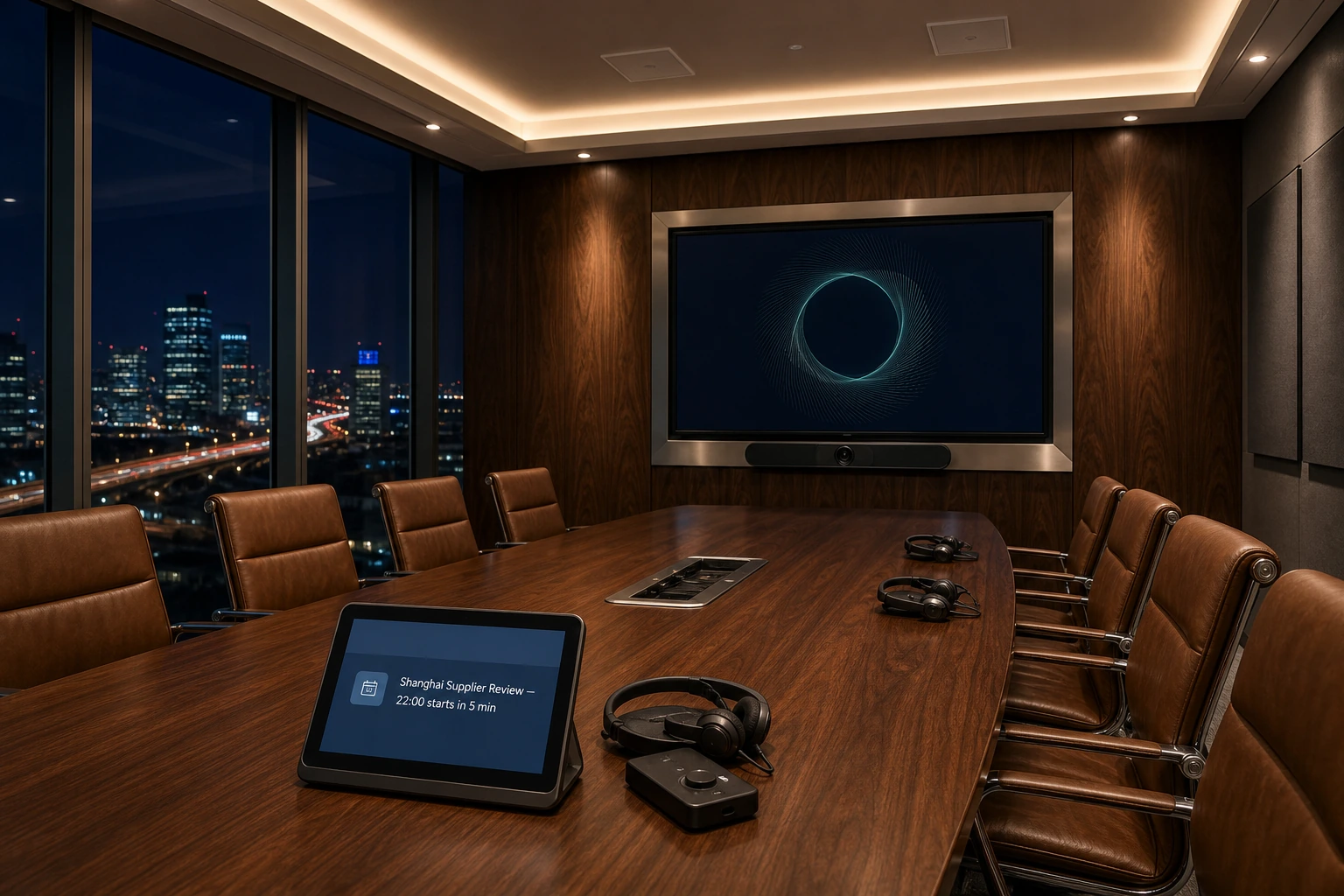 Markham tech-corridor boardroom set up for an APAC time zone call at evening with the room lights at meeting preset, a Tap IP controller showing the next meeting at 22:00 Shanghai supplier review, an interpretation pocket receiver and headset visible on the walnut conference table, Shure ceiling microphone tiles in the acoustic ceiling