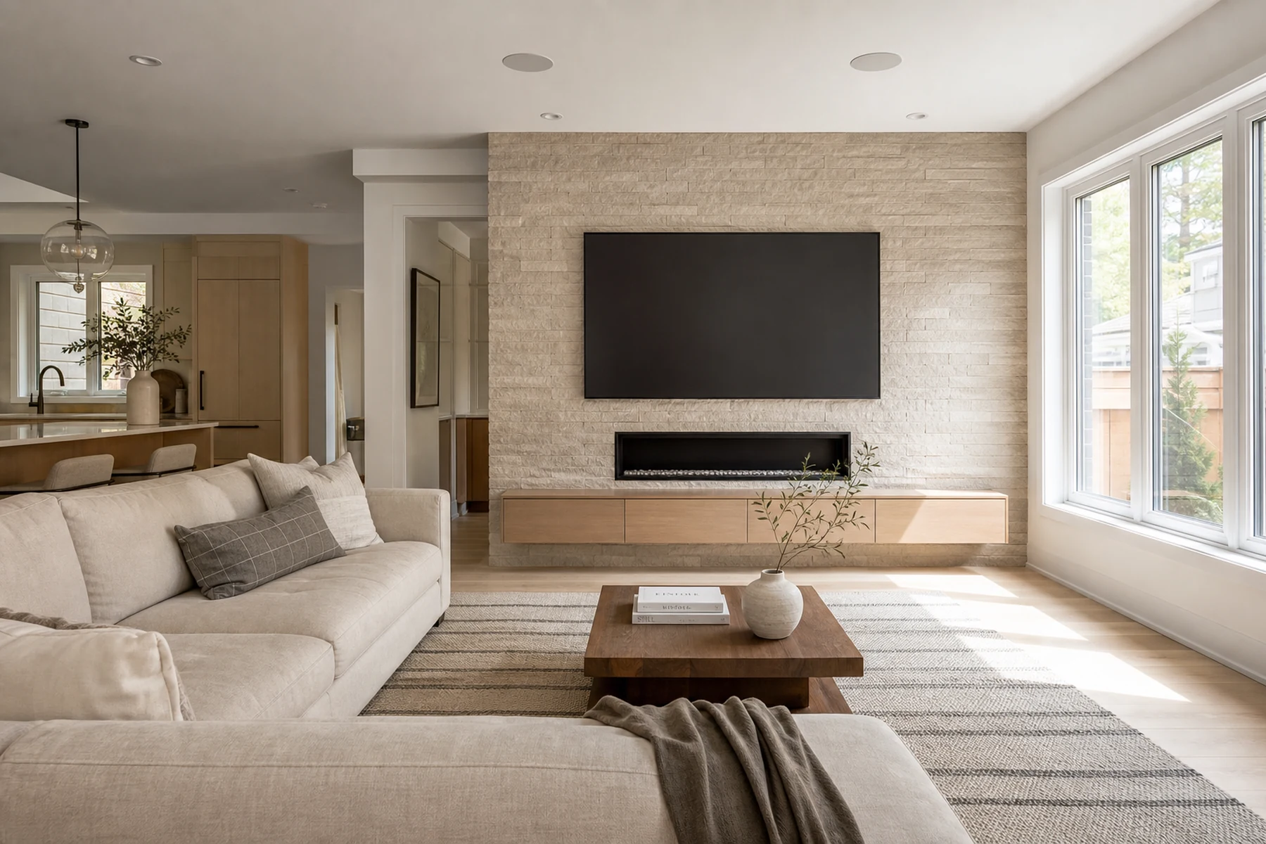 Modern Cathedraltown Markham new-build great room with a wall-mounted 4K display, concealed in-ceiling speakers, and a stone-veneer accent wall in daylight