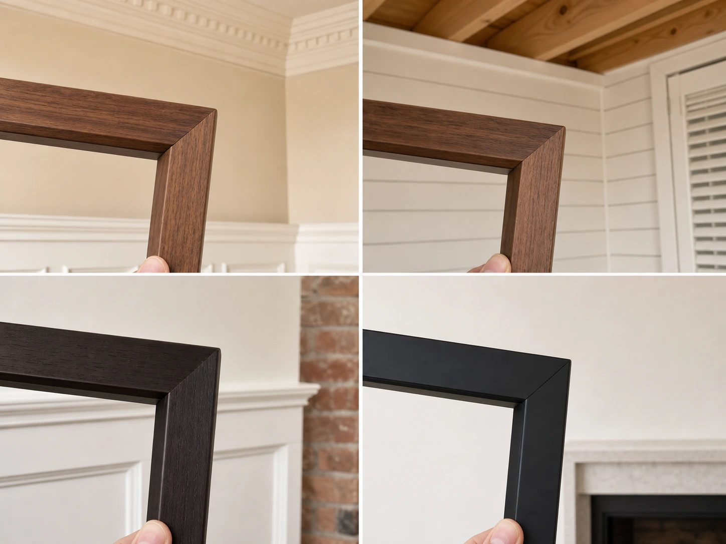Editorial composition showing four Samsung Frame TV bezel samples (Modern matte black, Beveled walnut, Beveled darker-stained, Studio Stand) held against four Markham wall conditions — Cathedraltown Georgian crown moulding, Cornell Charleston-influenced trim, Angus Glen wainscotting, Berczy modern drywall — as a single design-led still-life