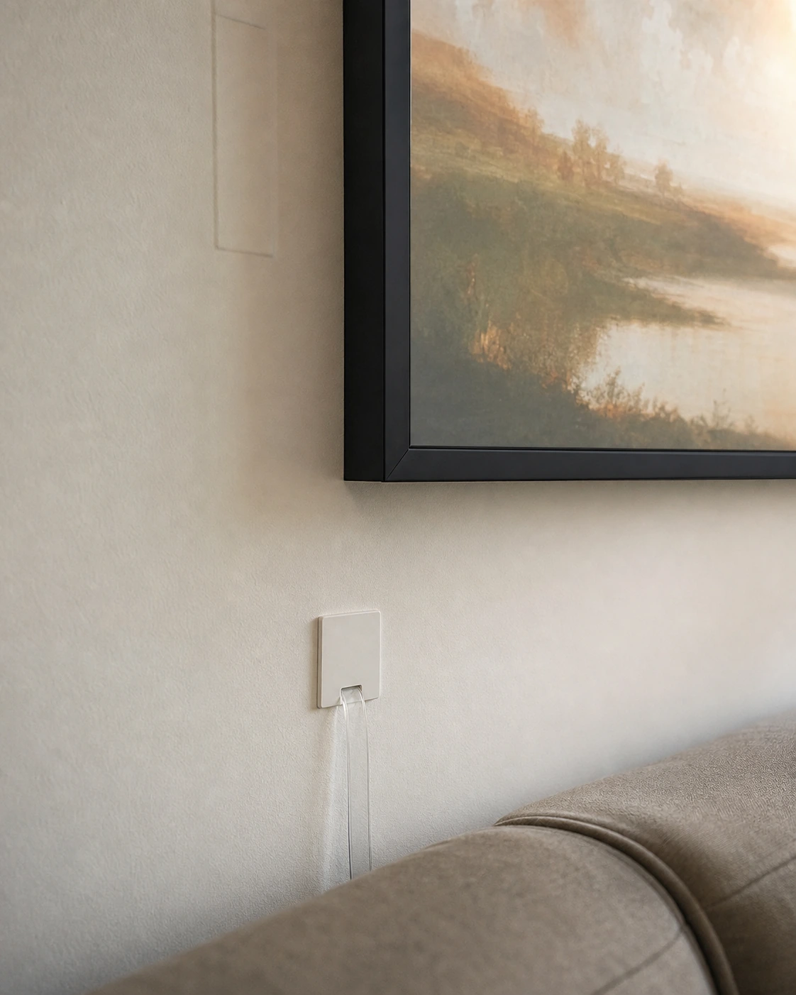 Cross-section detail of a Samsung Frame TV flush-mounted with the no-gap bracket against a clean Markham drywall partition, showing the screen at zero millimetres proud, a recessed power outlet behind the screen, and the Invisible Connection optical cable exiting through a low-voltage plate below