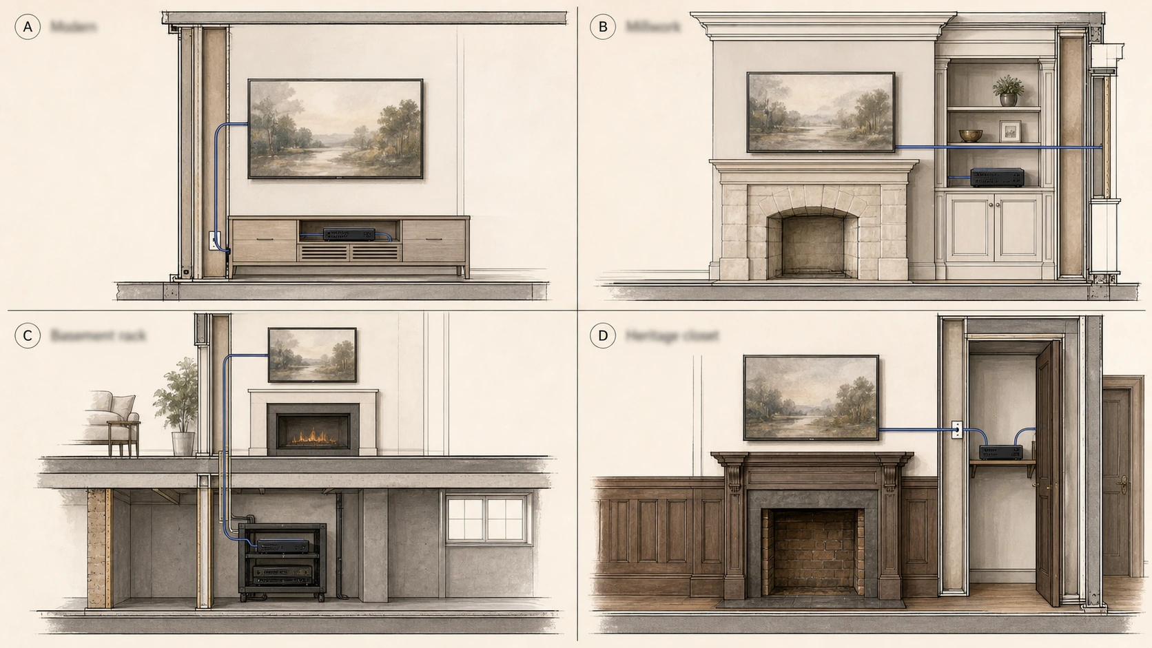 Editorial illustration showing the four common One Connect Box retrofit locations in Markham housing typologies — media console (Berczy or Cornell condo), built-in millwork bay flanking the fireplace (Cathedraltown or Angus Glen), basement equipment rack with low-voltage chase (luxury Angus Glen), and back-of-wall closet (Unionville heritage or Cornell main home) — with the Invisible Connection cable path drawn from each location to the back of the screen