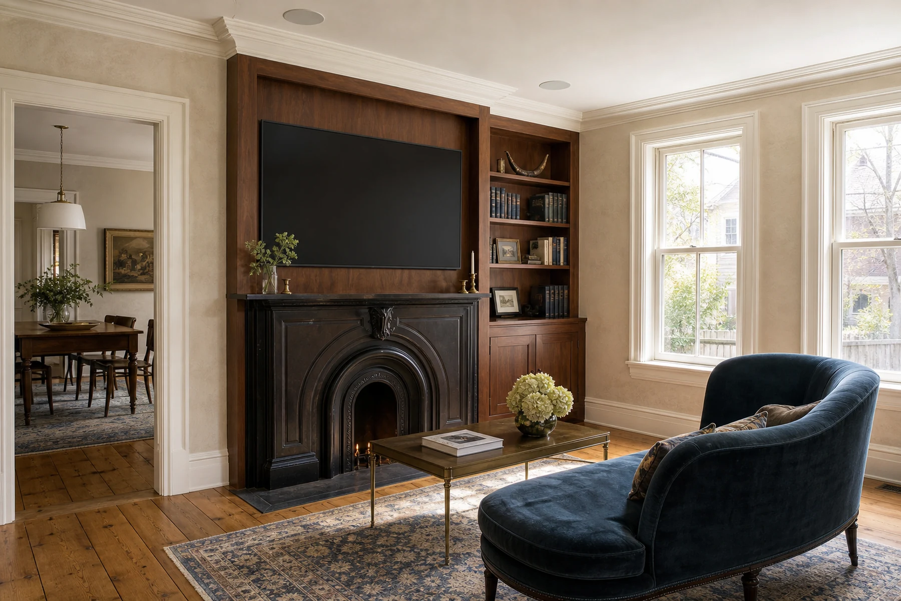 Restored Unionville century home parlour with a discreet wall-mounted 4K display set into millwork above a refurbished mantel and original plaster mouldings in soft daylight