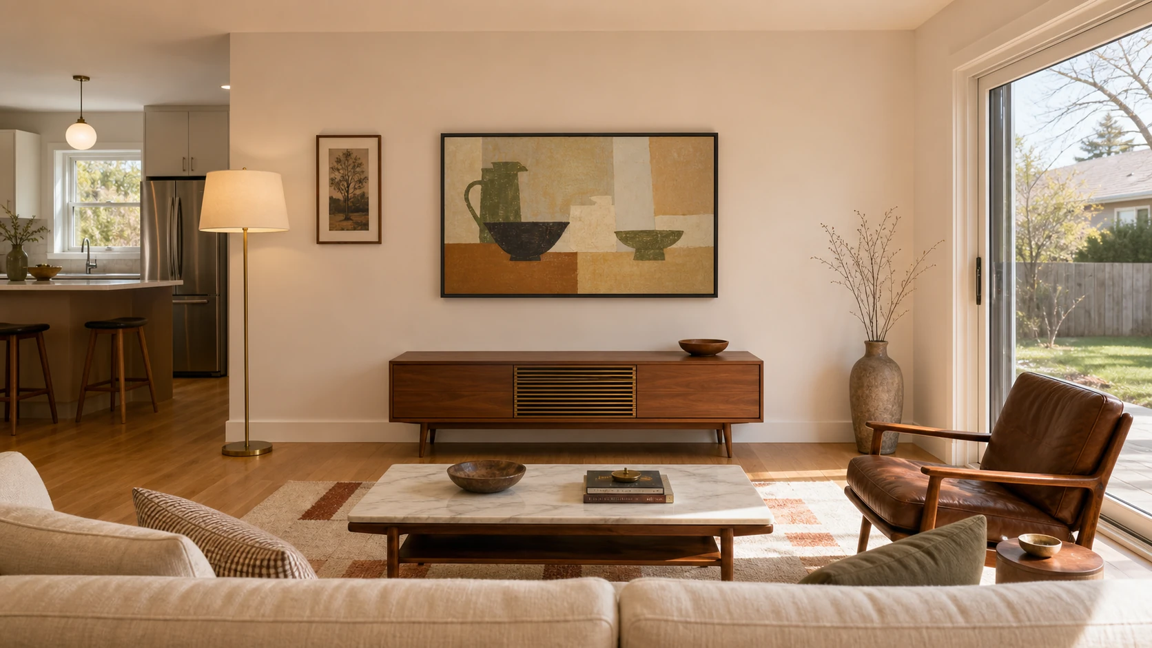 Renovated Mimico 1950s bungalow with an opened-up great room, new feature wall in warm white drywall, a 55-inch Samsung Frame TV mounted flush at standing eye height above a low mid-century walnut media console, late-morning natural light from new sliding doors on the south wall