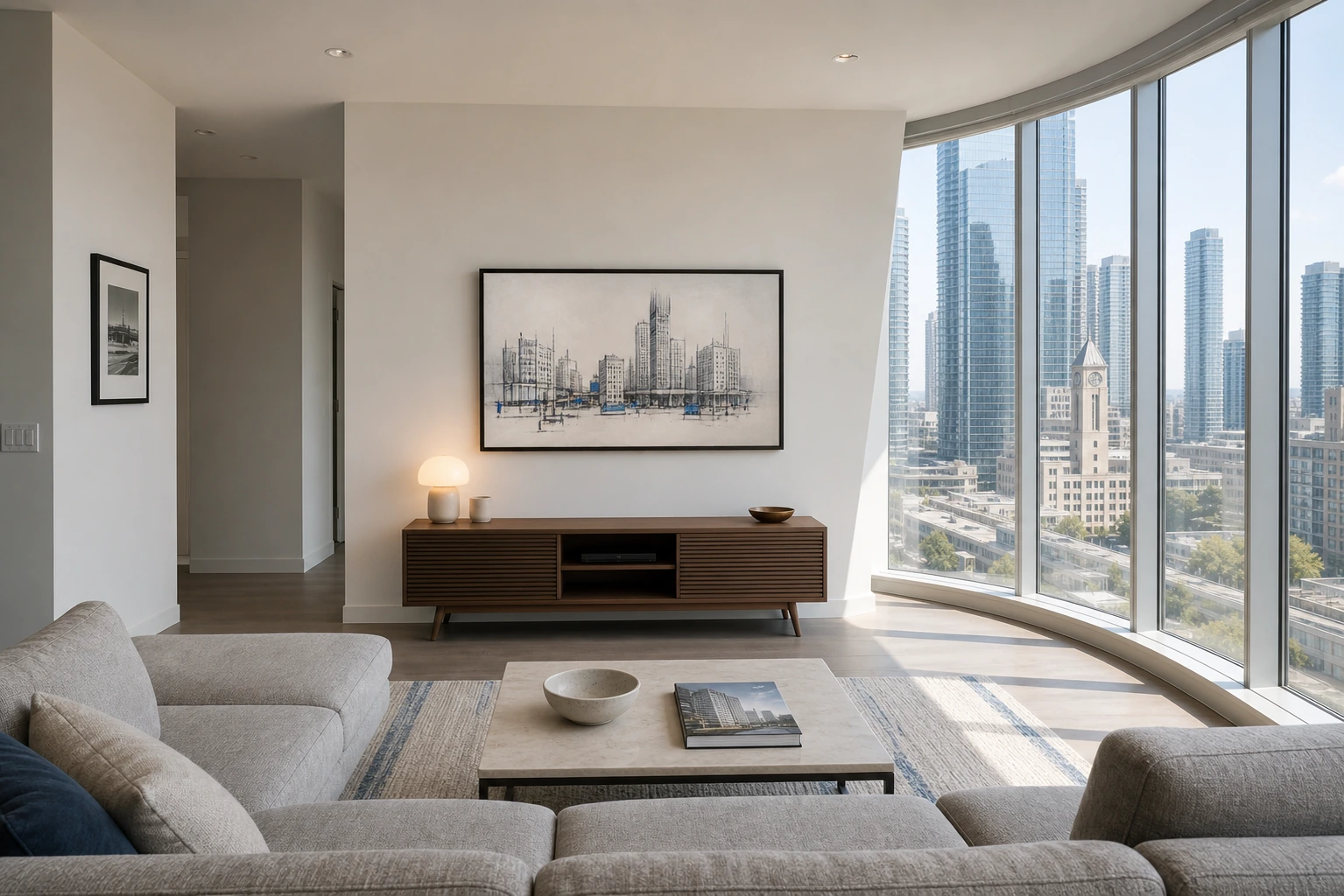 Contemporary Mississauga City Centre high-rise condo great room interior with a curved exterior window plane suggesting the Absolute Towers twisted-floorplate geometry, an asymmetric demising wall reflecting the unit's unique floor plan, and a 55-inch Samsung Frame TV flush-mounted on the feature wall with a Modern matte-black bezel, Art Mode displaying a soft urban architectural sketch