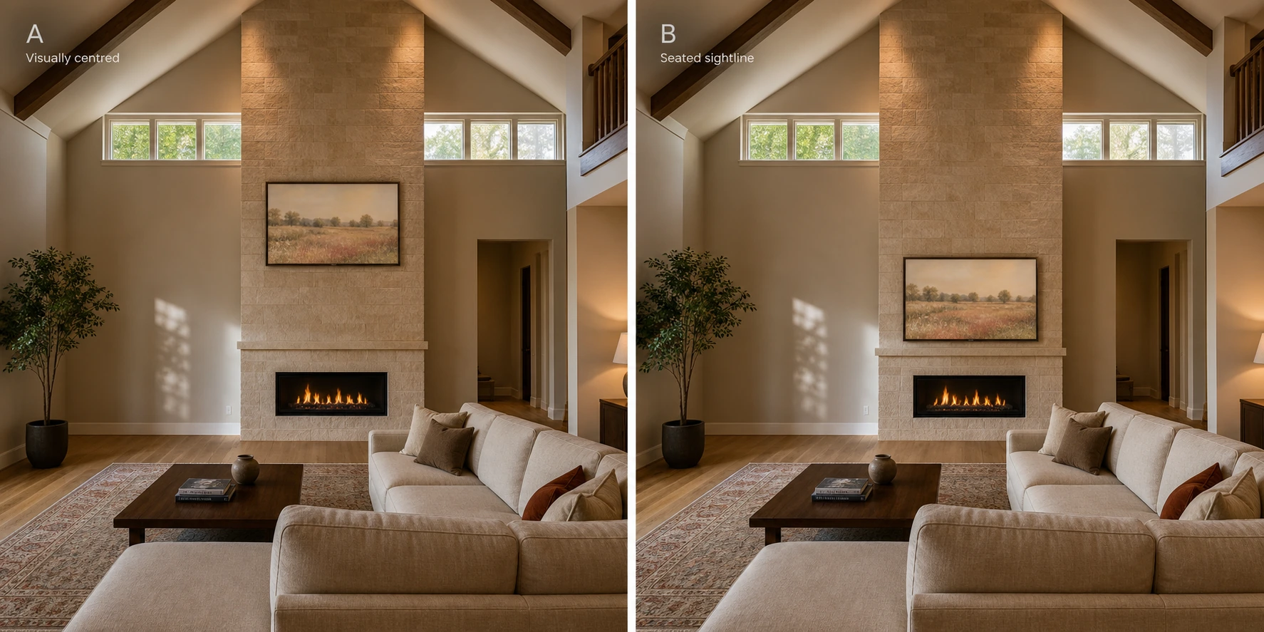 Editorial side-by-side proportion comparison in the same Erin Mills Central cathedral-ceiling great room — left panel shows a 75-inch Frame TV visually centred high on the towering natural-limestone surround (wrong proportion, reads as television hung high); right panel shows the same Frame at the seated sightline in the lower third of the wall (right proportion, reads as deliberate art with the upper architecture as backdrop)
