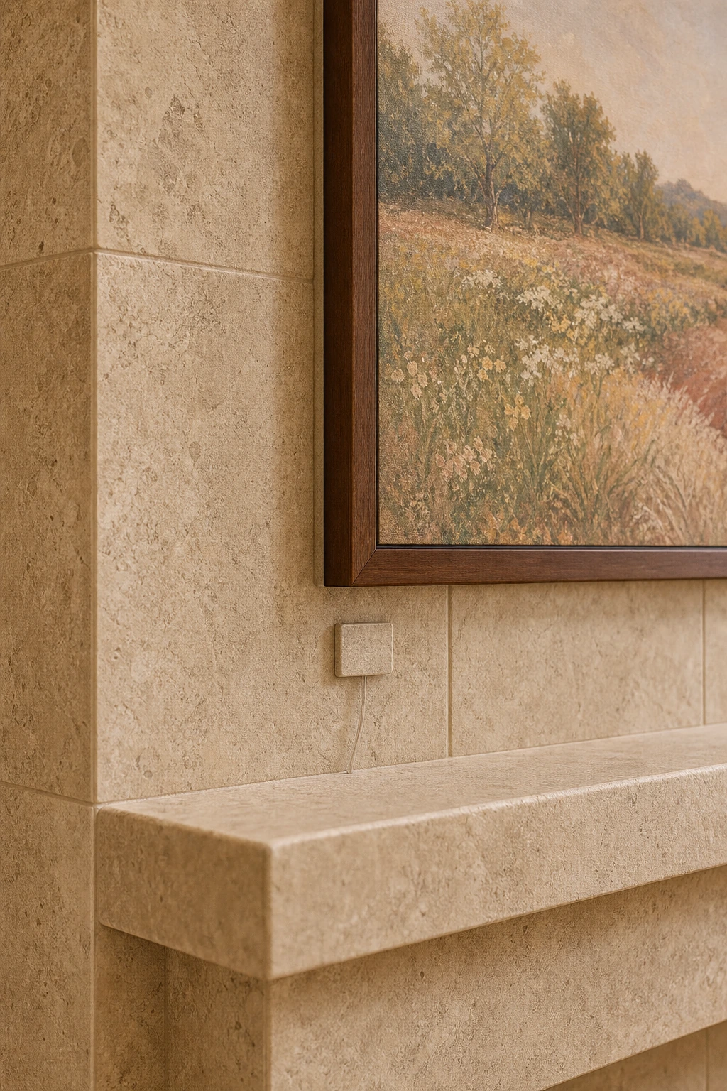 Cross-section architectural-detail image of a Samsung Frame TV flush-mounted with the no-gap bracket against a Mississauga natural-limestone cathedral-ceiling fireplace surround, showing the custom steel plate spanning the stone behind the screen, the screen at zero millimetres proud, a core-drilled recessed power outlet behind the screen, and the Invisible Connection optical cable exiting through a low-voltage plate at the base of the stone