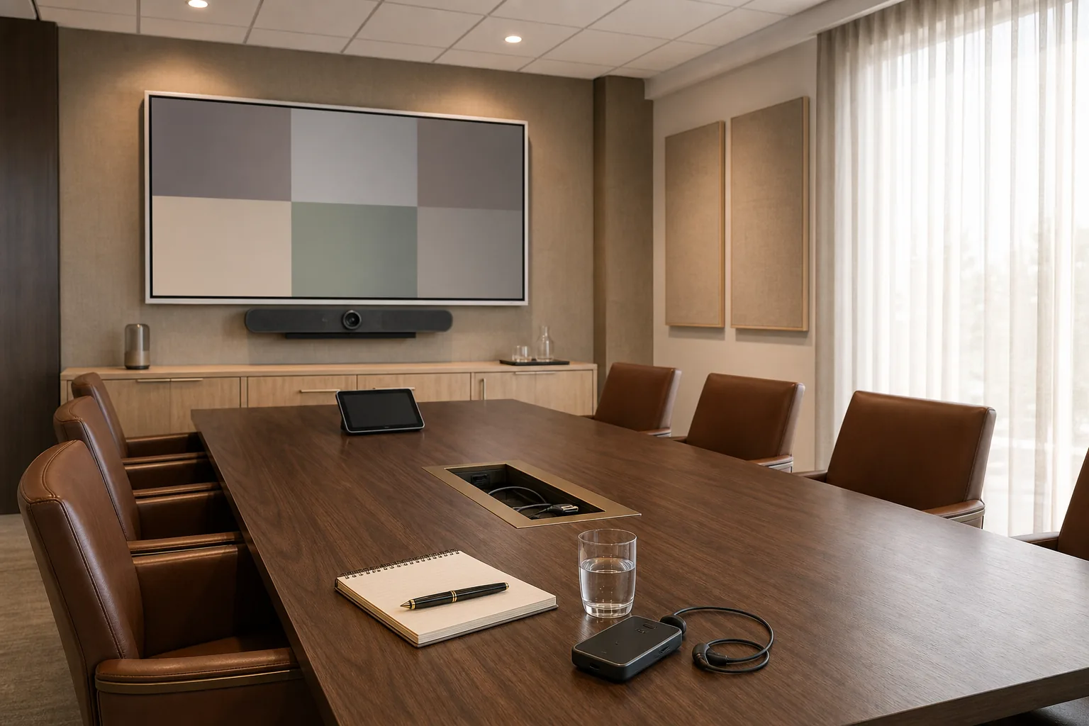 Richmond Hill professional-services boardroom set up for a multilingual client meeting with a wireless-headset interpretation receiver on the table and a ceiling-microphone tile overhead