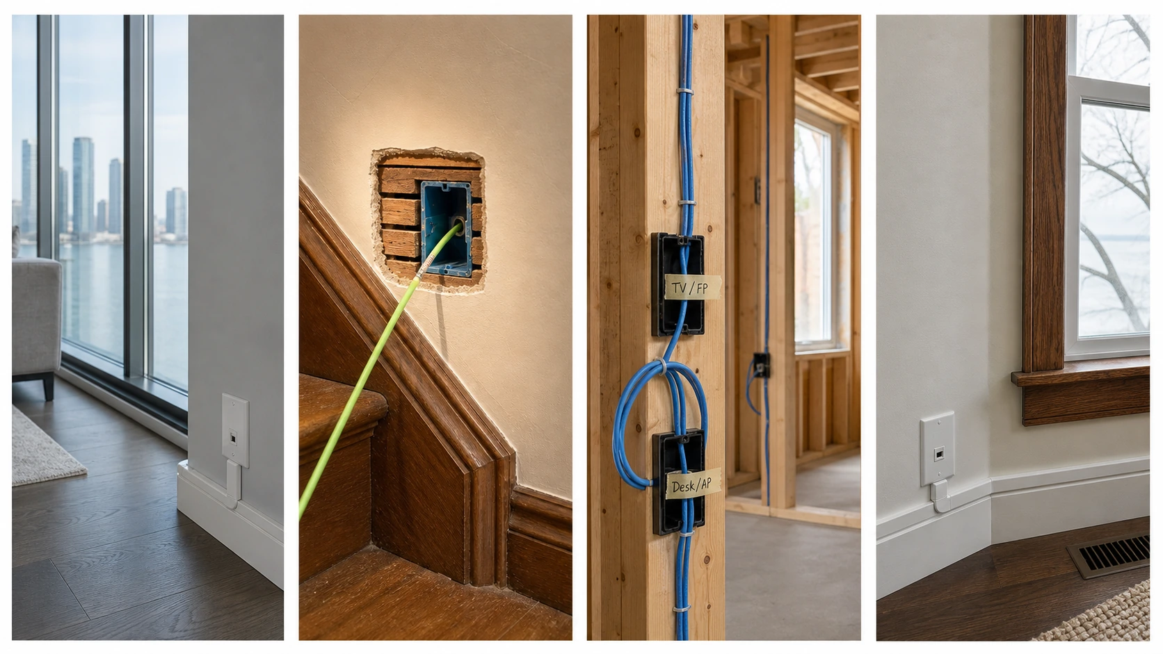 Four Etobicoke network installation environments side by side: Humber Bay window-wall condo with baseboard raceway, Kingsway lath-and-plaster fish, Sunnylea mid-century joist bay, and Mimico bungalow basement run