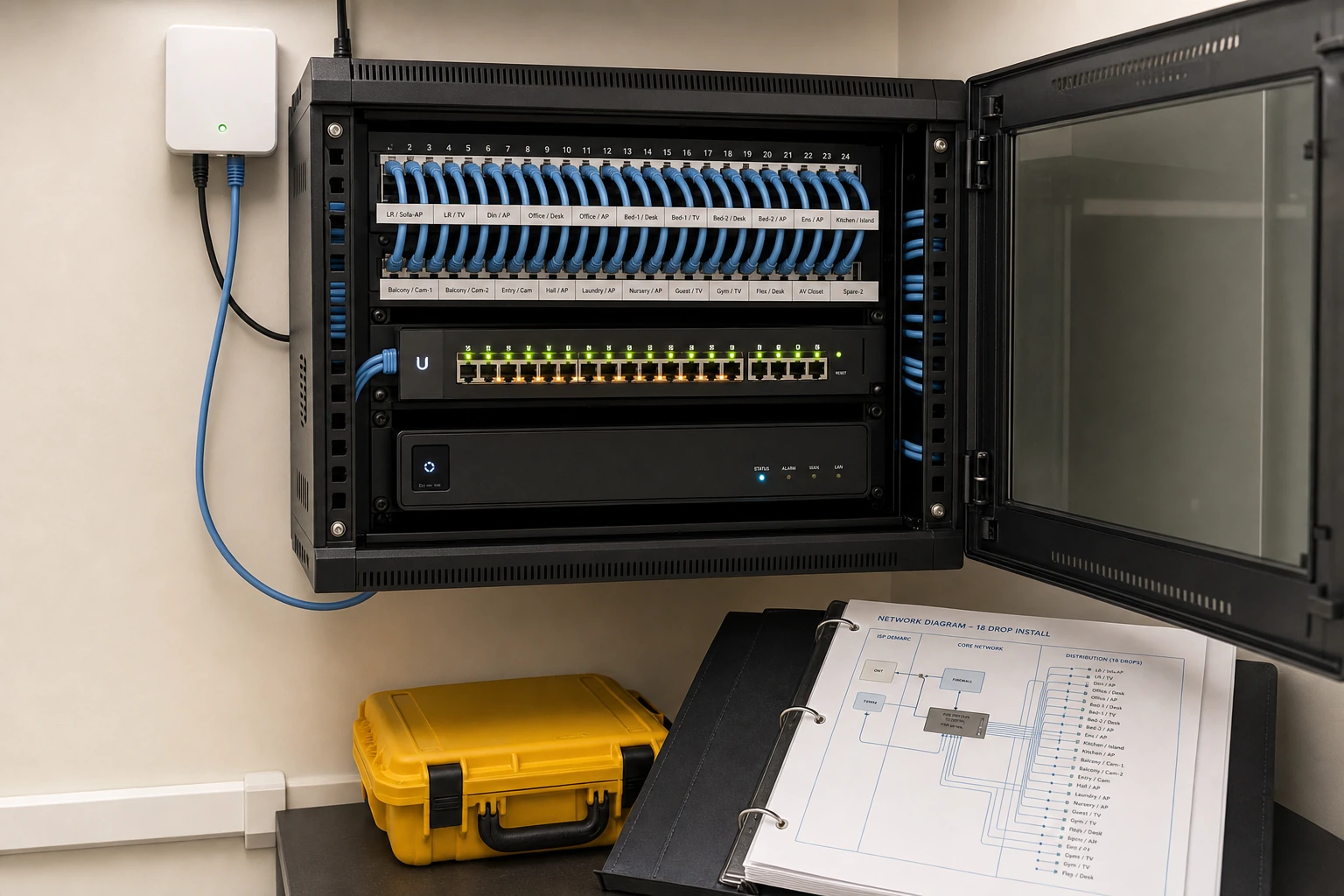 In-suite Humber Bay Shores Etobicoke two-bedroom condo 18-drop network install with baseboard PVC raceway, 12U wall-mount rack, Ubiquiti USW Lite 16 PoE, and Beanfield ONT handoff