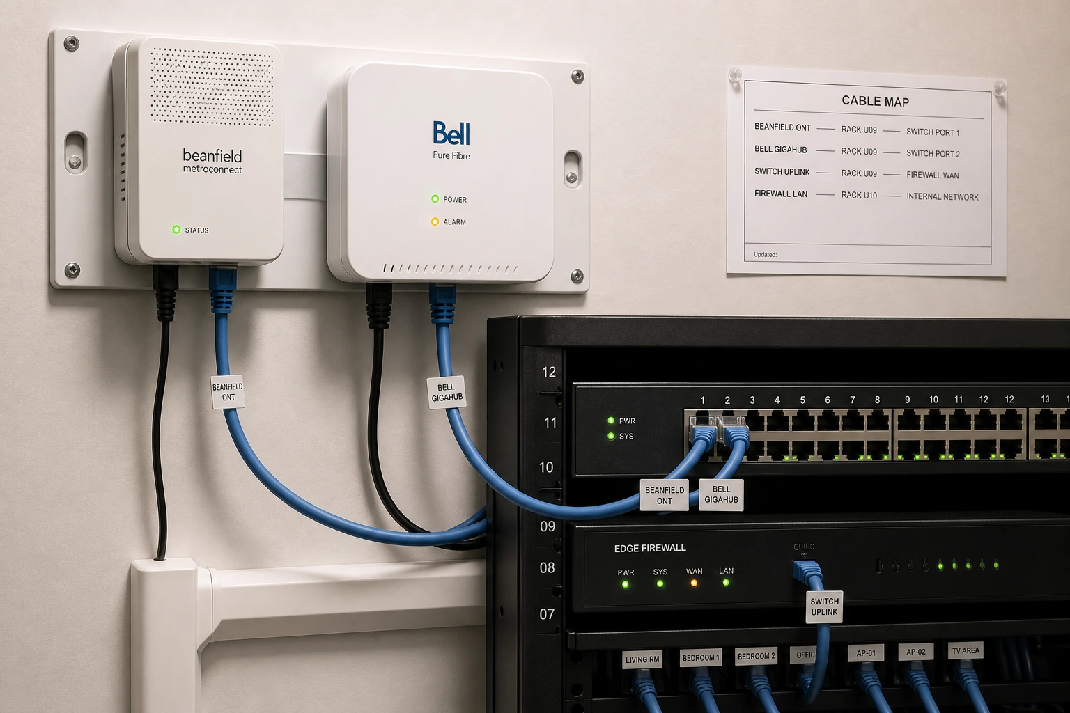 Etobicoke residential ISP demarc panel showing Beanfield ONT and Bell GigaHub mounting with Cat6 patch lead to edge firewall