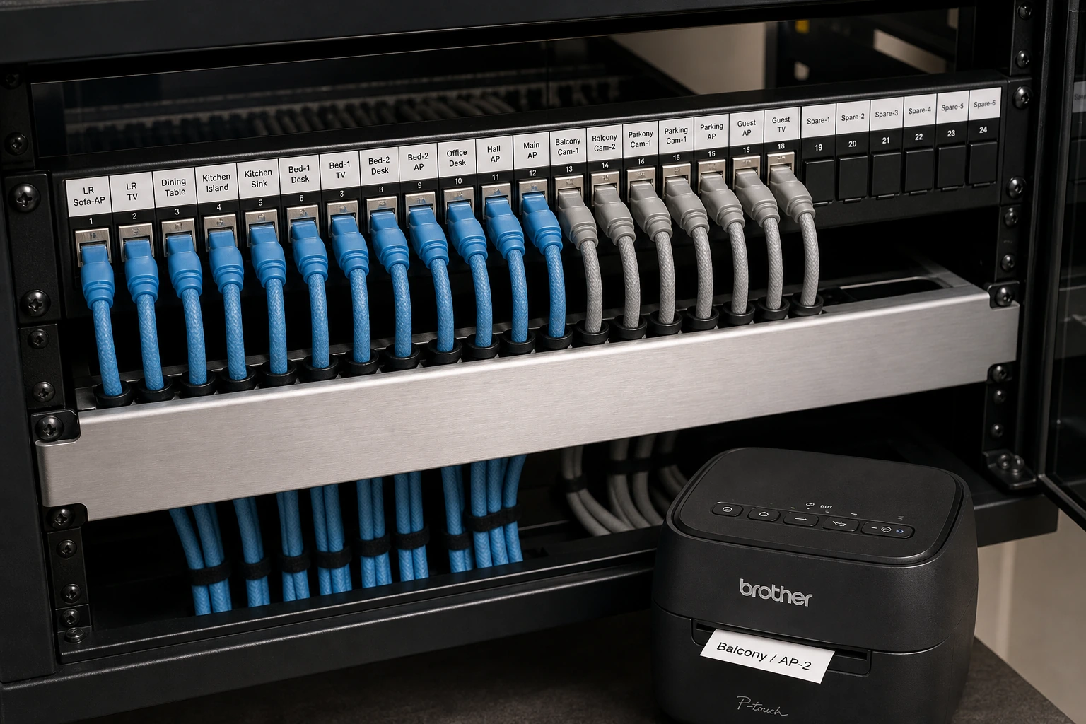 Detail of a labelled 24-port keystone patch panel inside an Etobicoke residential network rack with Cat6a home-runs terminated and dressed