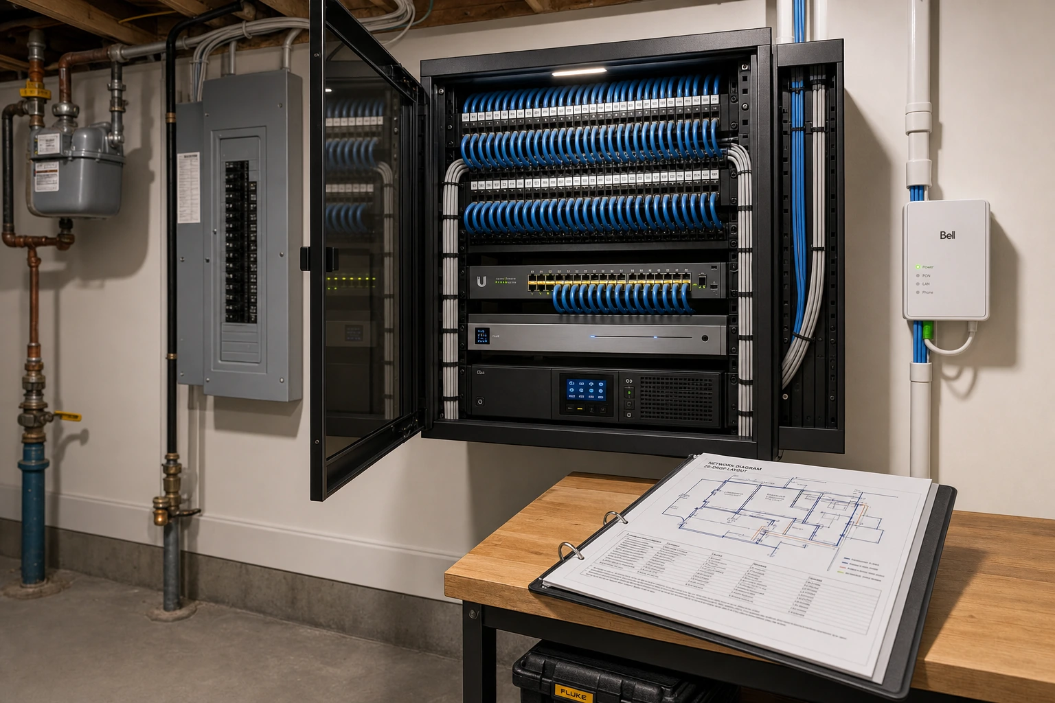 The finished Bayview Village 28-drop project &mdash; a 12U wall-mount rack with a 24-port Cat6a patch panel fully populated and labelled, a Ubiquiti USW Pro Max 24 PoE switch, a UDM-Pro firewall, the Bell ONT mounted to the side, all cables dressed vertically and ribbon-routed