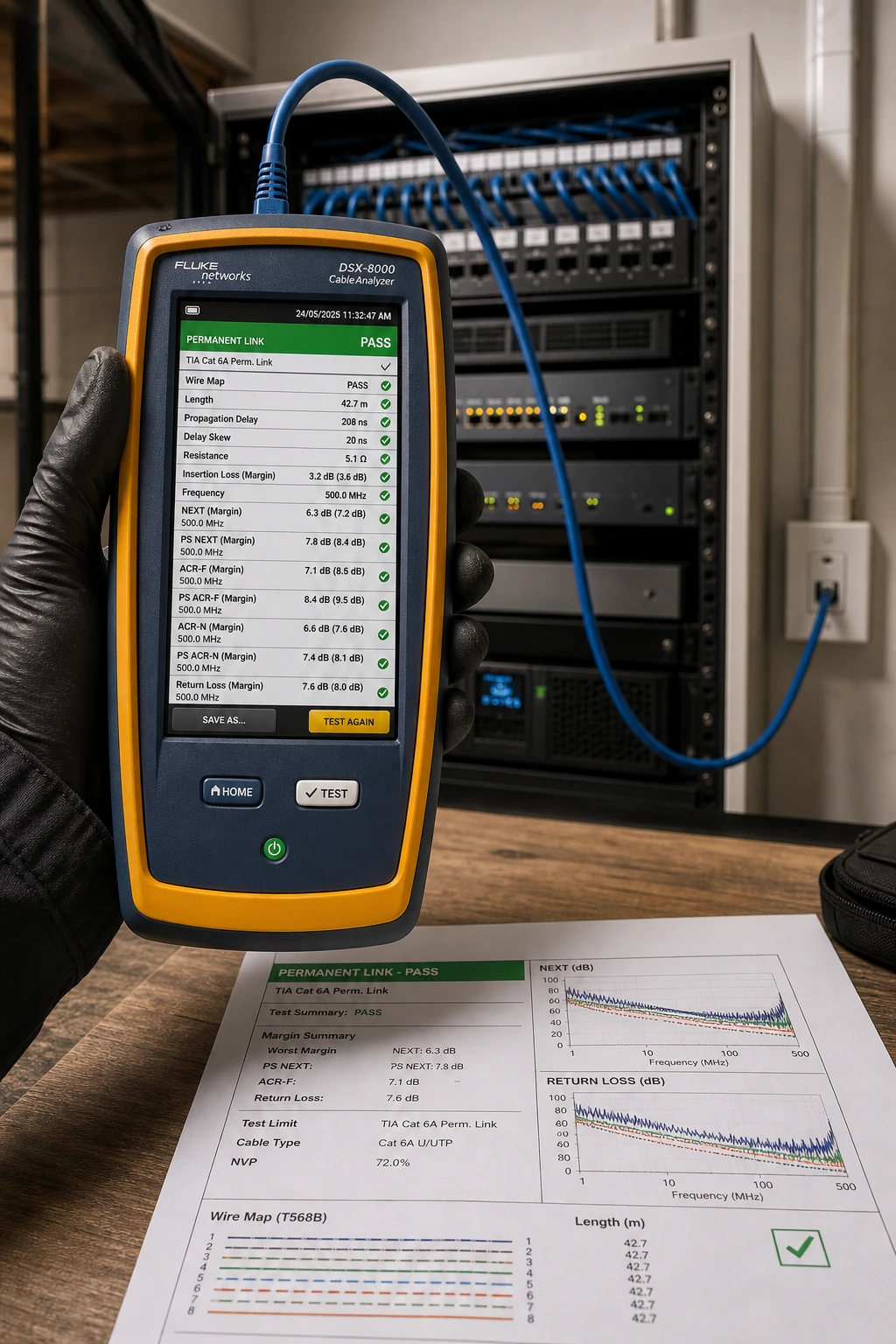 A Fluke DSX-8000 cable analyzer in test mode on a finished Cat6a permanent-link drop in a North York basement rack &mdash; display showing a PASS on the wire map, length, and NEXT measurements, with the patch panel and the rack visible behind