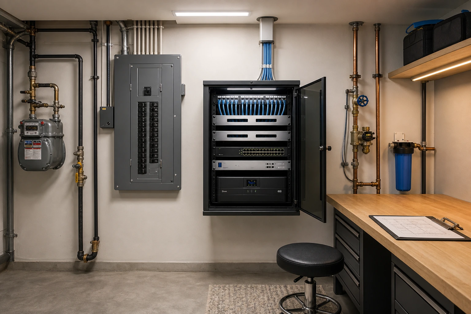 A North York basement mechanical room with the gas line, water main, and electrical panel visible &mdash; a 12U wall-mount network rack installed on a side wall, conduit dropping in from above, labelled cables routed up into the framed ceiling cavity