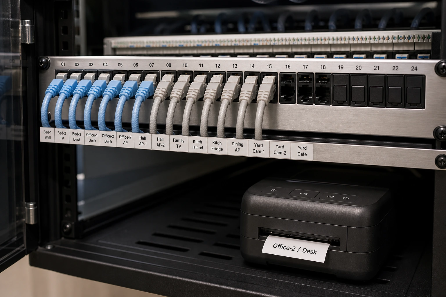 Close detail of a labelled 24-port Cat6a keystone patch panel inside a 12U wall-mount enclosure &mdash; every port colour-coded and printed-label tagged, ribbon-dressed cables running into the punch-down strip