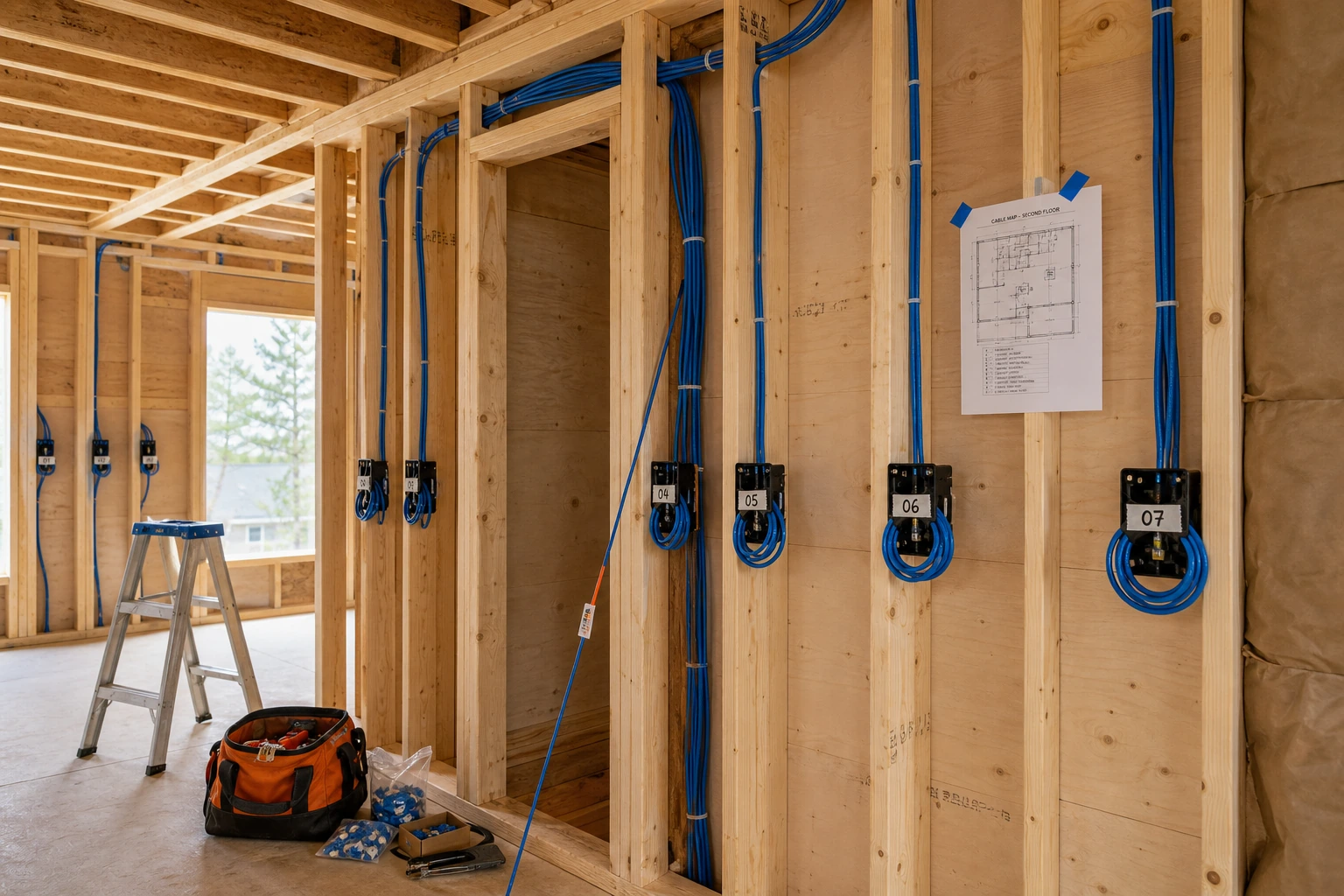 A pre-drywall rough-in inside a North York new-build &mdash; open 2x6 stud framing, blue Cat6a cables stapled to studs and routed back to a framed network closet, low-voltage rough-in boxes labelled with masking-tape drop numbers, daylight from the unfinished window