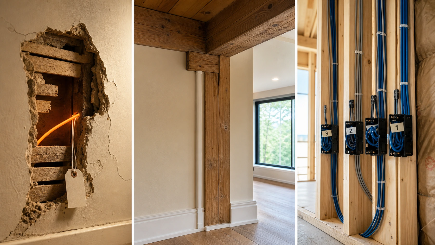 A composed editorial frame showing three North York wall sections side by side &mdash; pre-1955 plaster-and-lath with a fibreglass glow rod fishing through, 1960s Don Mills post-and-beam framing exposed, 2000s 2x6 stud-and-drywall pre-drywall rough-in with stapled Cat6a runs