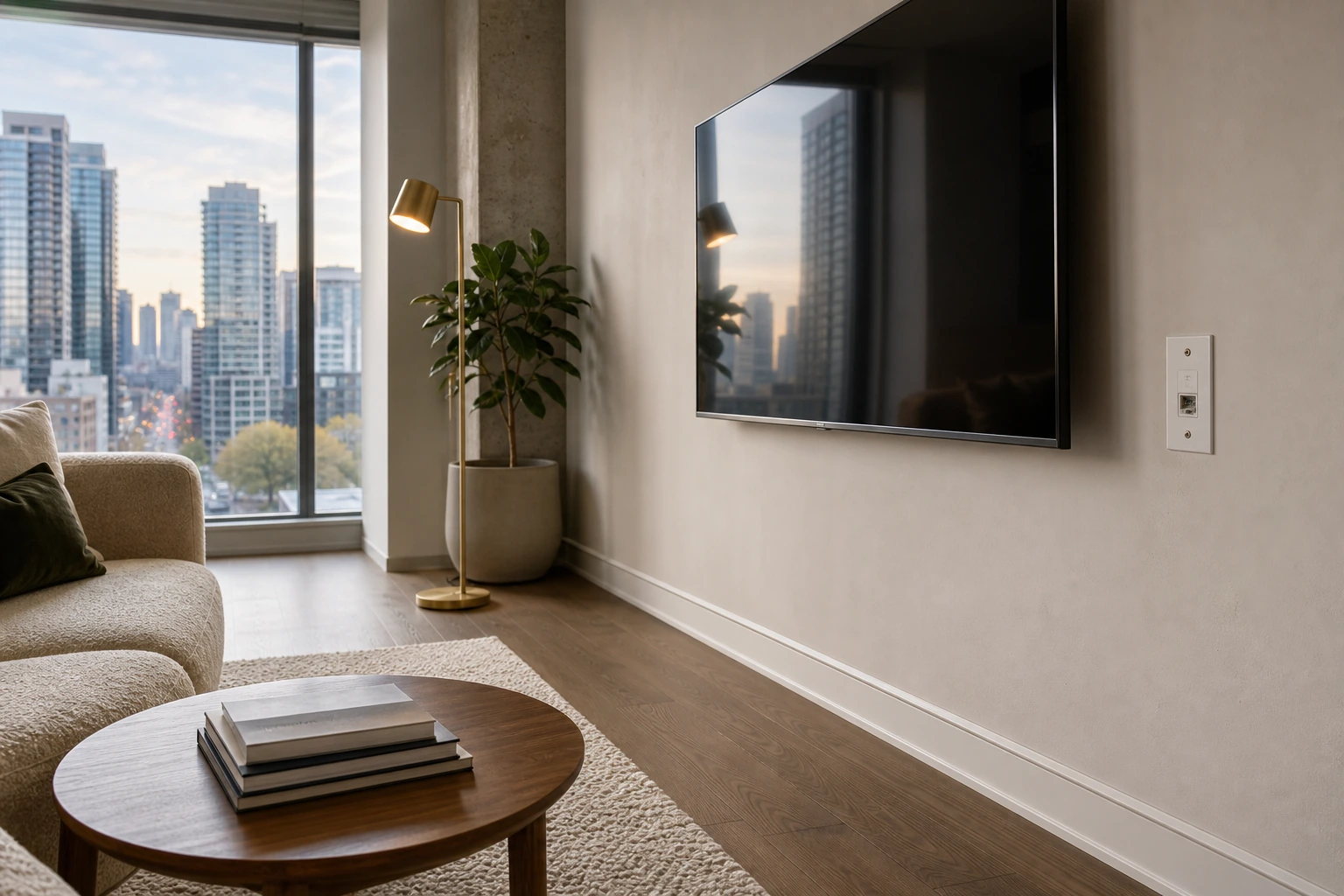 A Yonge corridor condo living room baseboard line showing a slim painted PVC raceway colour-matched to the baseboard, carrying a Cat6a cable invisibly along the wall-floor junction toward a flush keystone wall plate beside the TV wall