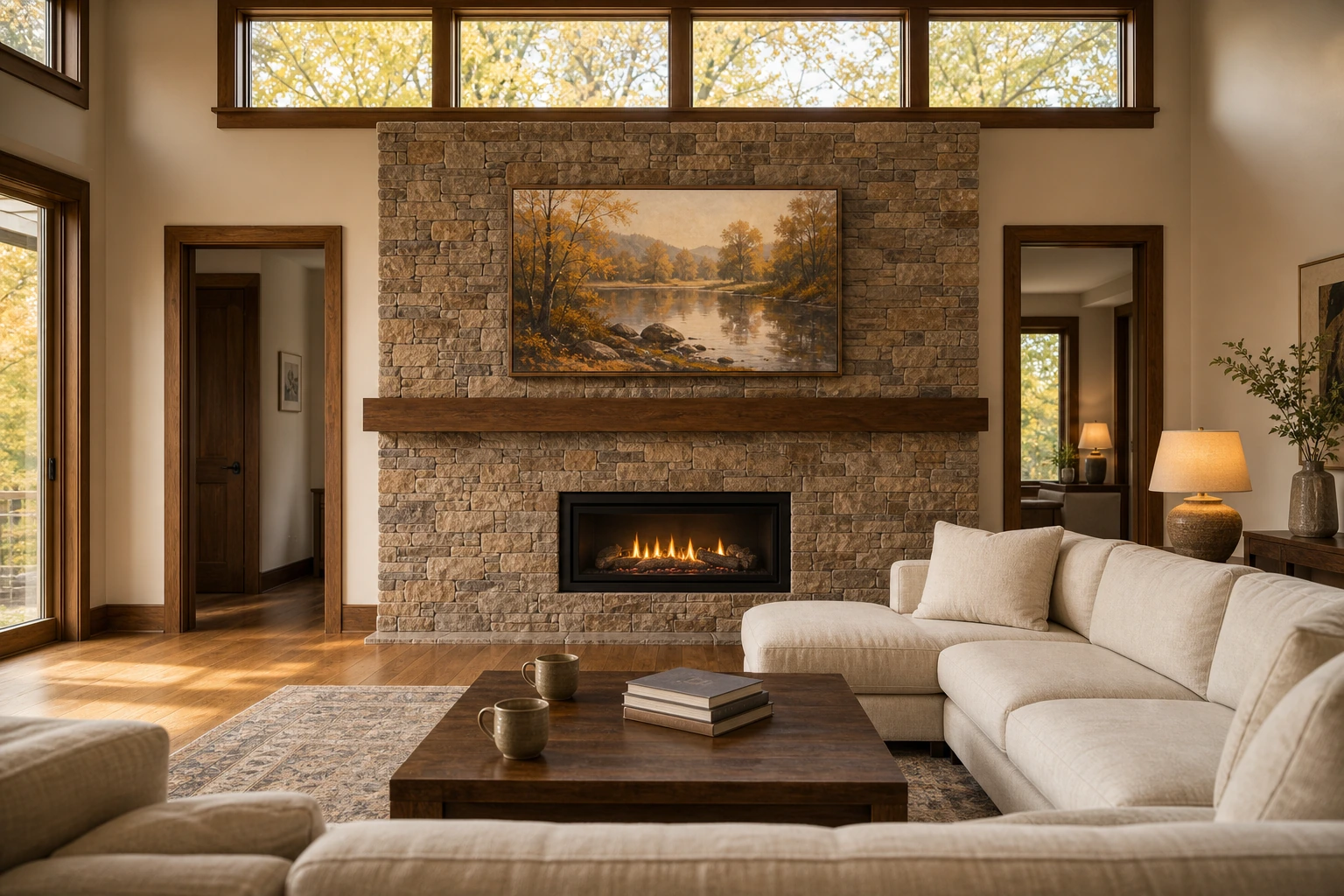 Stonehaven-Wyndham executive detached great room in Newmarket with a 65-inch Samsung Frame TV mounted flush on a stone-clad gas-fireplace surround above the mantel, Beveled walnut bezel, warm-stained baseboard millwork, Art Mode painting visible on the screen