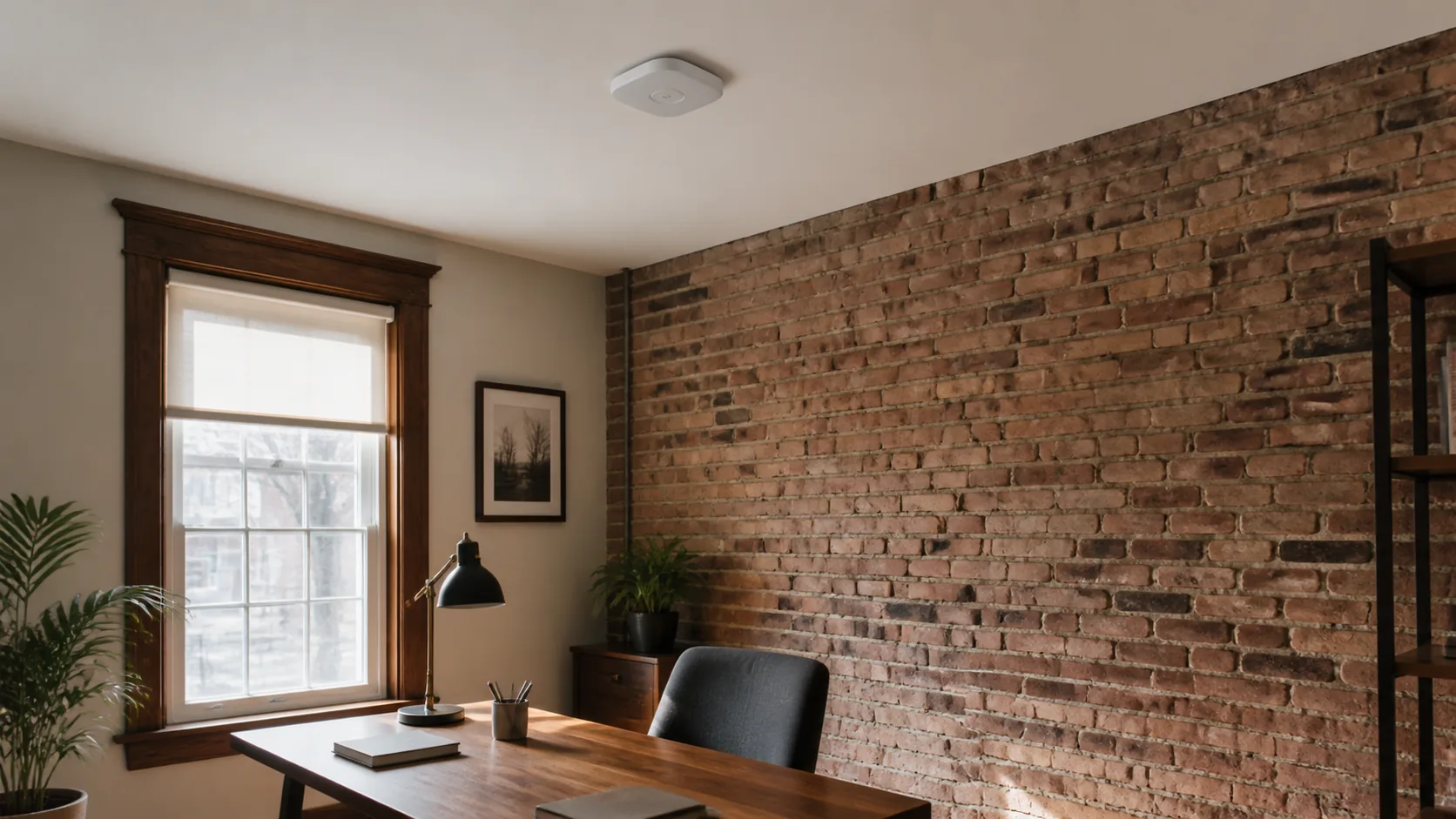 Ceiling Wi-Fi access point installed beyond an original brick wall in a Newmarket heritage home office