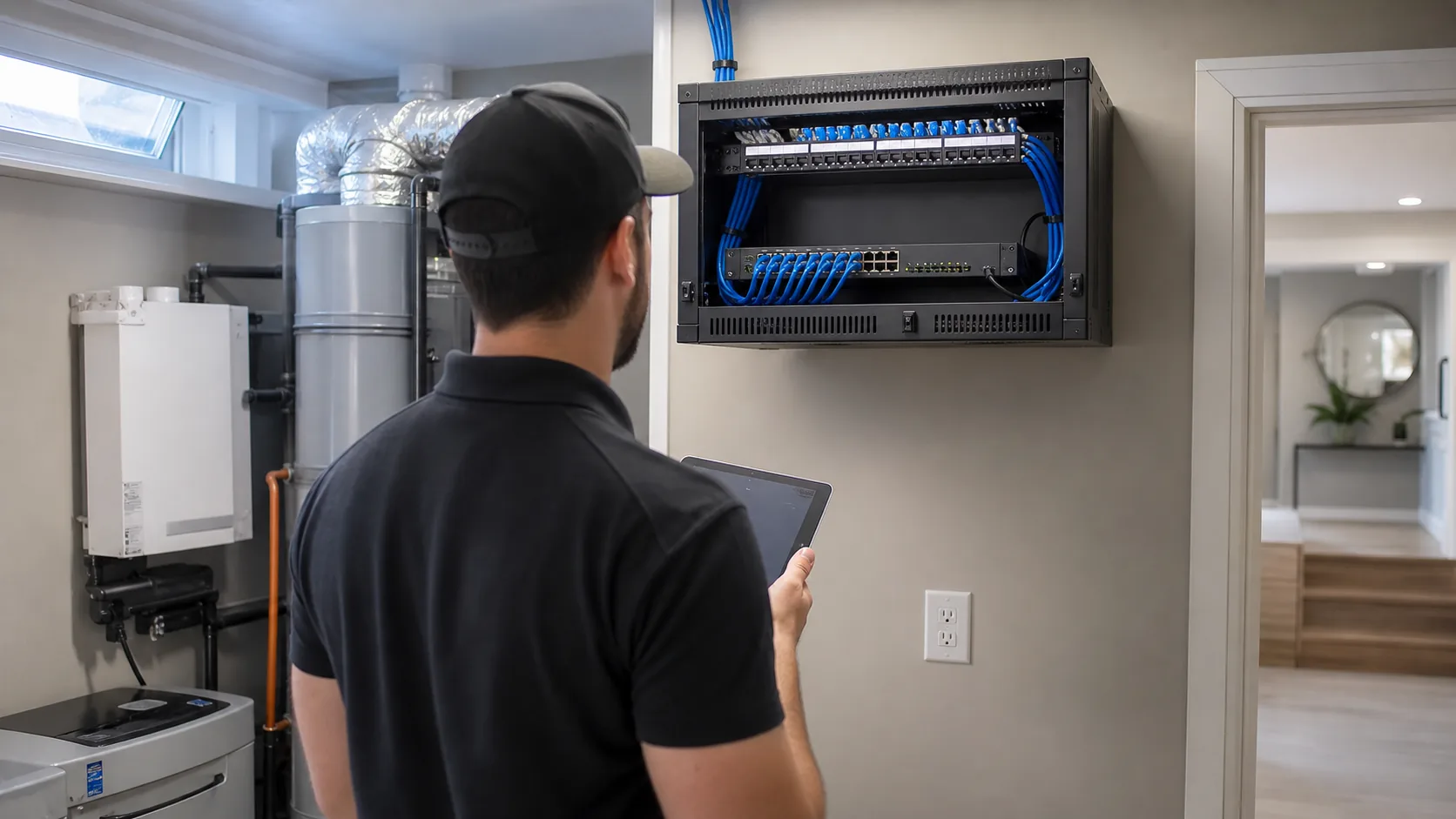 Technician reviewing a residential network rack with Cat6 patch panel, managed switch, and blue wired backhaul