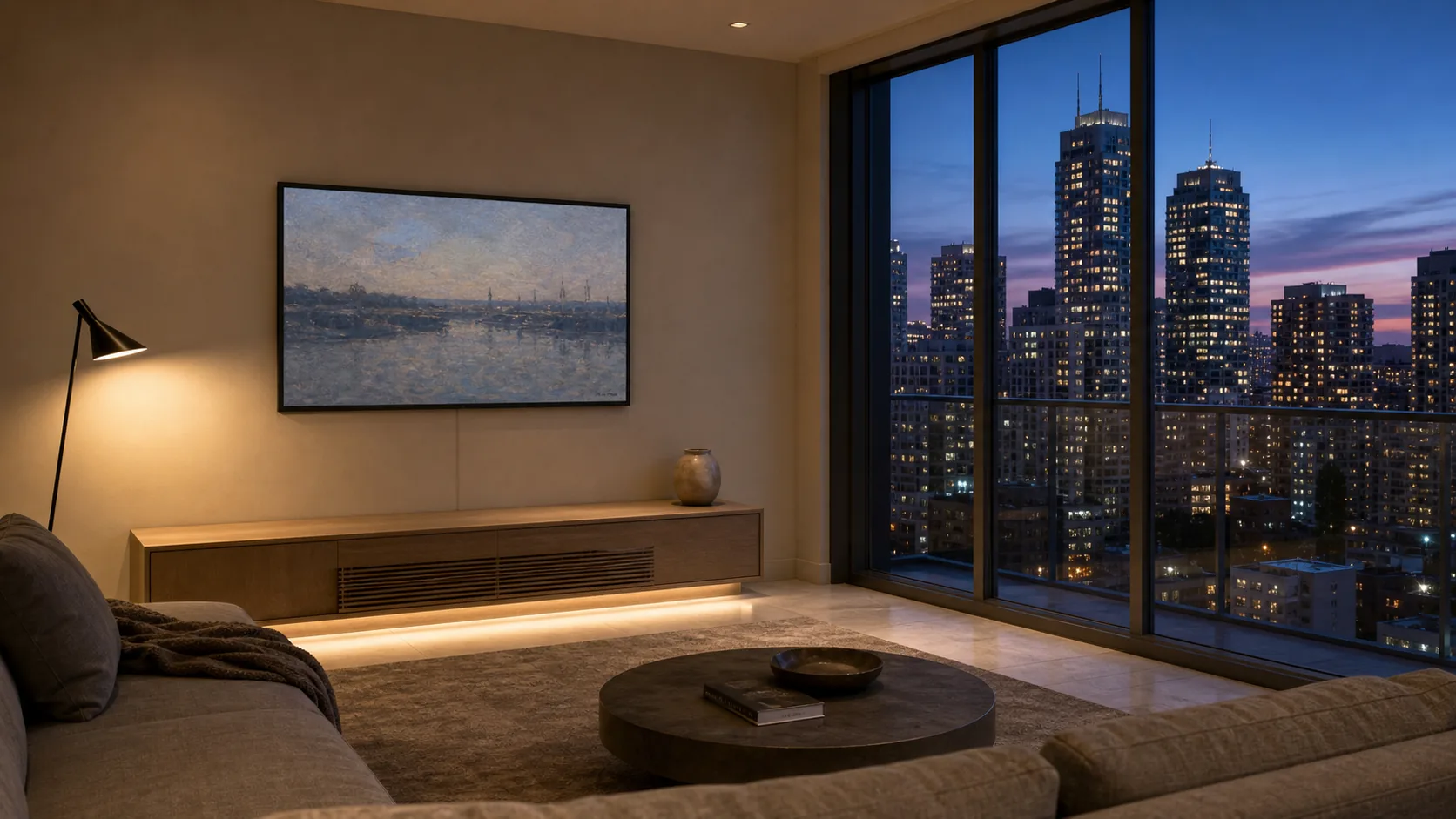 Contemporary North York Centre condo great room with the Toronto skyline visible through floor-to-ceiling glass at dusk, a 55-inch Samsung Frame TV mounted flush on the feature wall, low-profile paint-matched cable raceway running discreetly down to a media console below