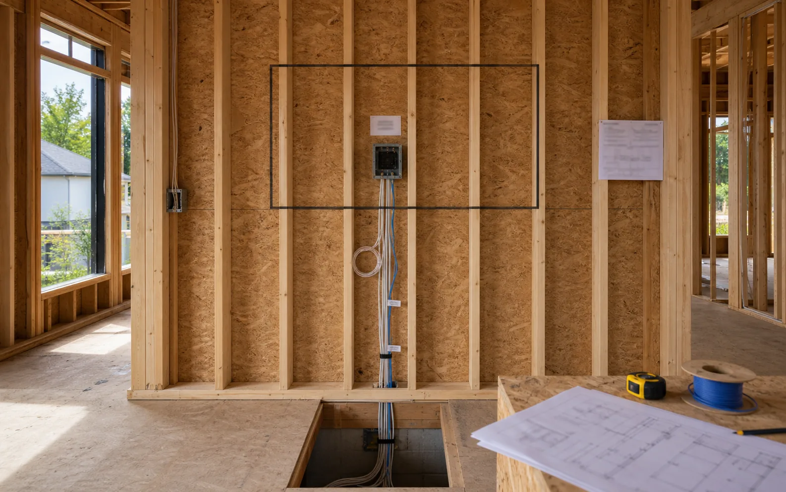 Interior of a North York custom infill home at the framing stage with a labelled stud bay marked for a Samsung Frame TV installation, a recessed outlet box rough-in visible at screen height, and a low-voltage cable bundle routed down through the cavity toward a planned basement One Connect Box location