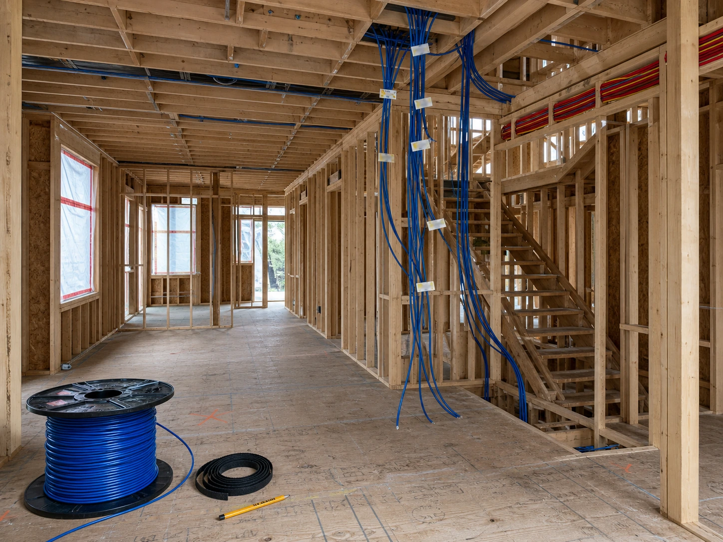 Interior of a North York custom infill home at the framing stage with exposed studs, no drywall, and visibly routed bundles of Cat6 cable heading down through the open framing toward a planned network rack location in the basement