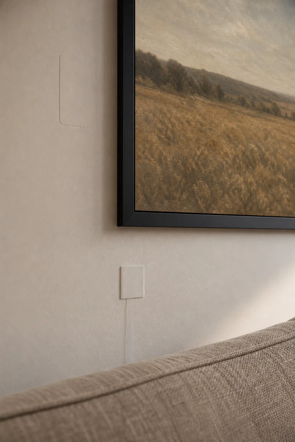 Cross-section detail of a Samsung Frame TV flush-mounted with the no-gap bracket against a North York drywall partition, showing the screen sitting at zero millimetres proud, the recessed power outlet behind, and the Invisible Connection optical cable exiting through a low-voltage plate below