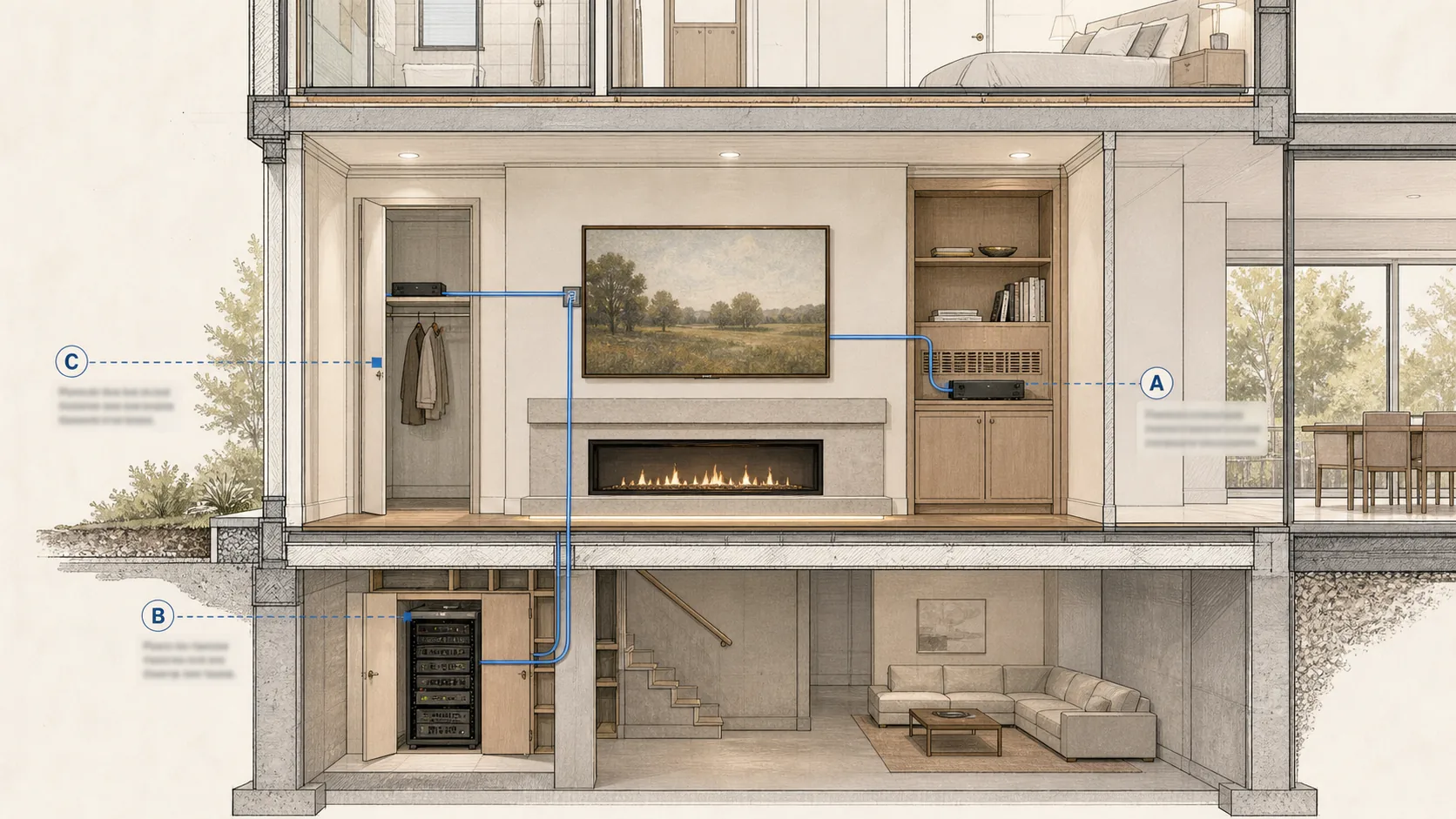Editorial diagram showing the three common One Connect Box locations in a North York custom build: a cabinetry bay with vented shelf, a basement equipment rack with a low-voltage chase up the wall, and a back-of-wall closet directly behind the TV wall, with the Invisible Connection cable path drawn from each location to the back of the screen