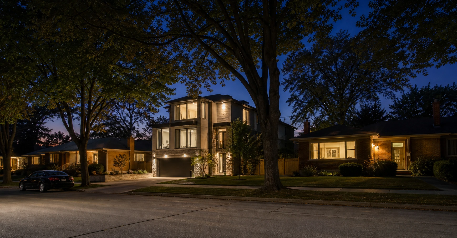 Mixed North York residential streetscape at twilight showing mid-century bungalow beside a modern Willowdale infill custom build