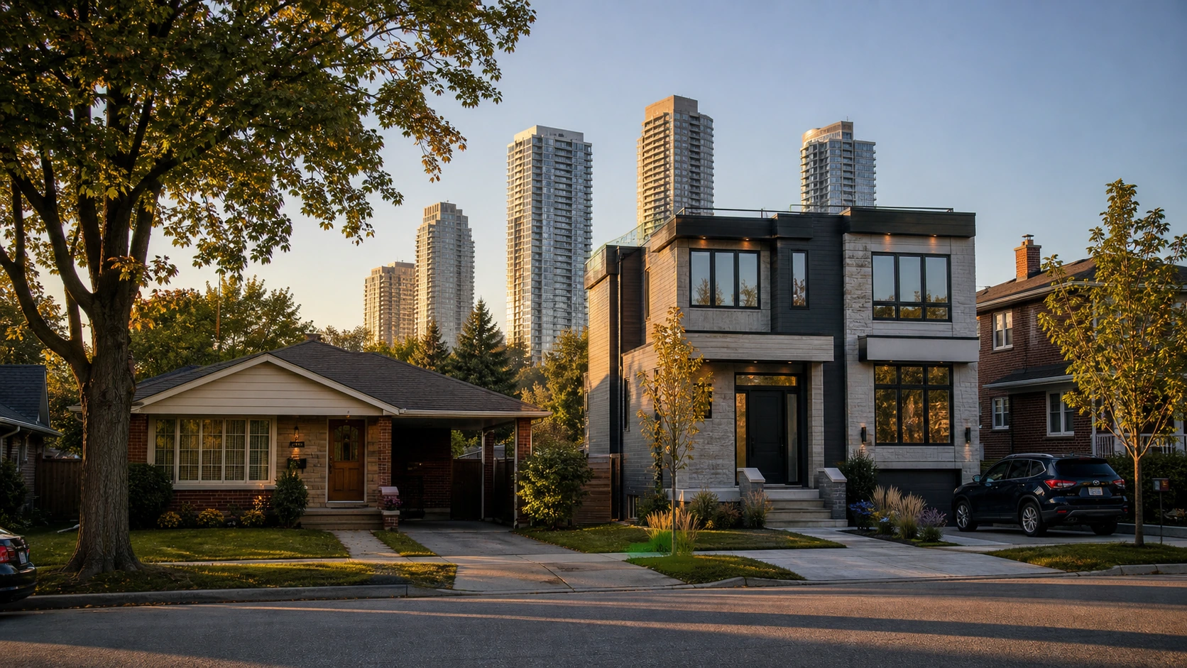 Street-level view of a North York residential block showing a 1950s postwar bungalow in the foreground, a modern custom infill home next door, and the silhouette of the Yonge and Sheppard concrete-tower cluster visible in the background at golden hour