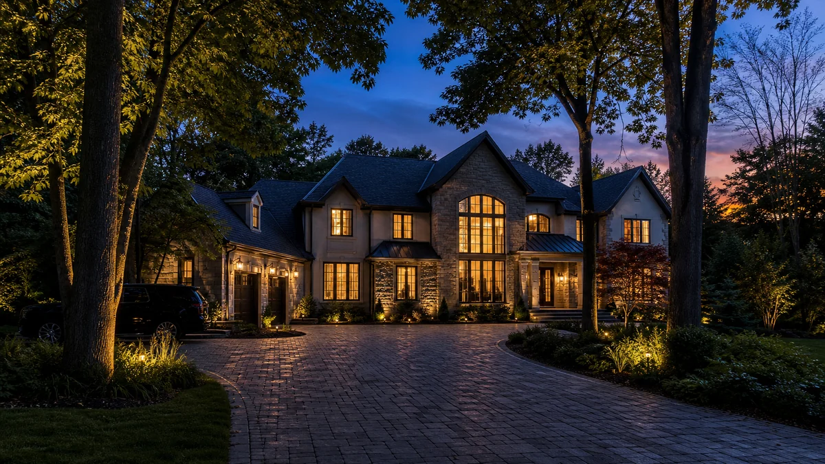 Large Oak Ridges estate home exterior at dusk on the Oak Ridges Moraine, warm interior lighting visible through tall architectural windows — Control4 smart home