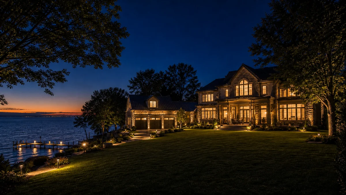 Lakeshore Oakville estate at dusk showing main house with warm interior lighting, coach house above garage, and softly lit dock area on Lake Ontario — all integrated under Control4 outdoor scenes