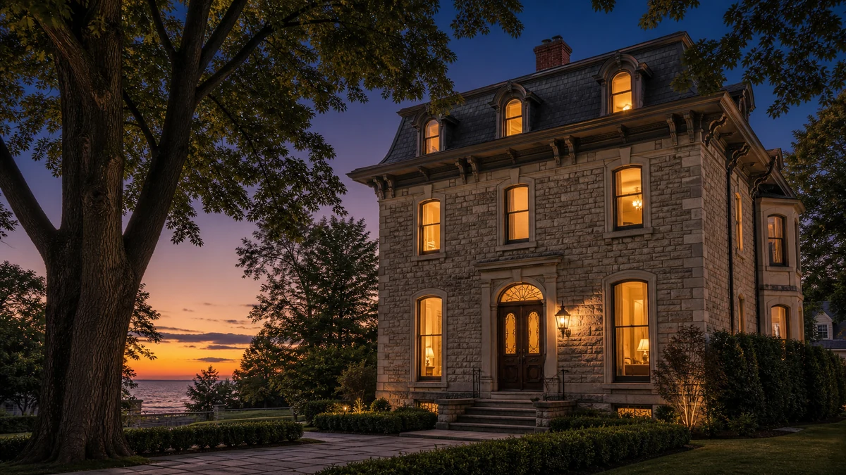 1880s Old Oakville heritage home on Lakeshore Road East at evening with warm interior lighting visible through tall sash windows, original limestone facade, mature trees framing the property
