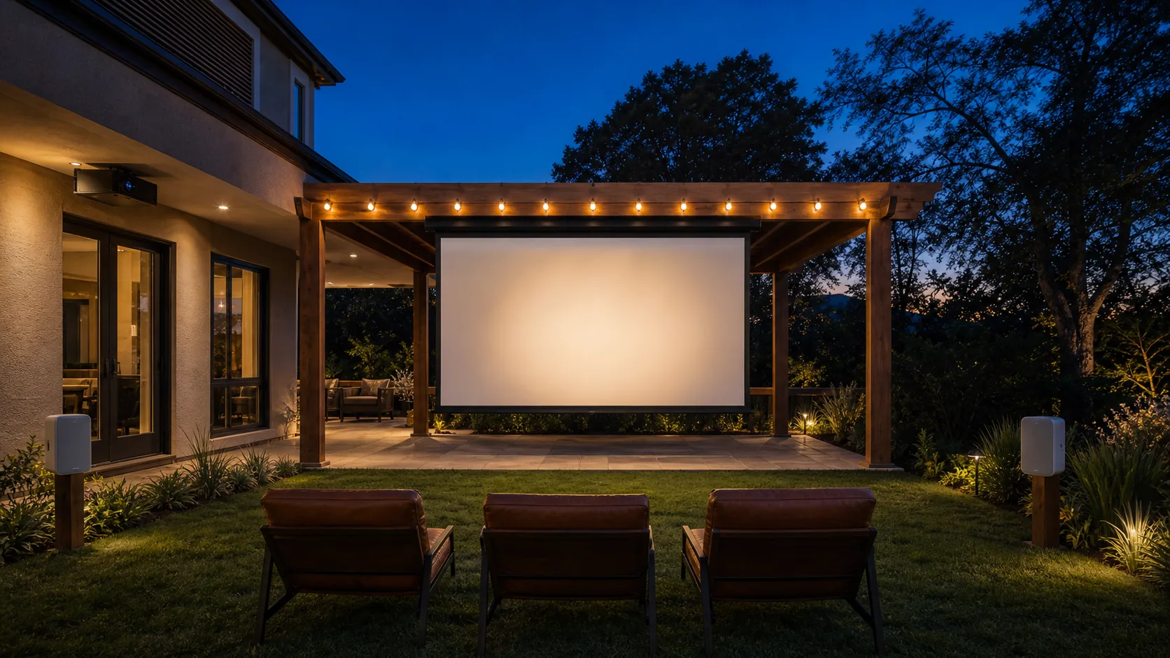Backyard movie night setup in a Toronto property with a 4K outdoor projector under an eave and a large motorized screen on a pergola