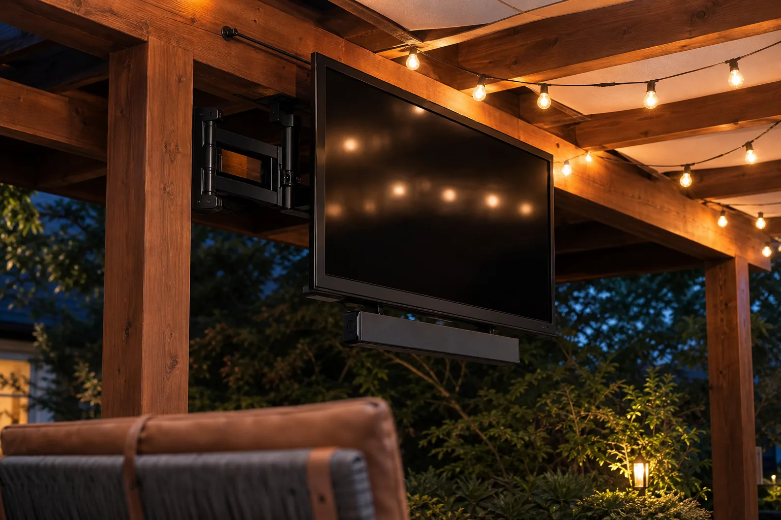 Weatherproof SunBrite Veranda outdoor TV mounted under a pergola in a Toronto backyard with a soundbar below