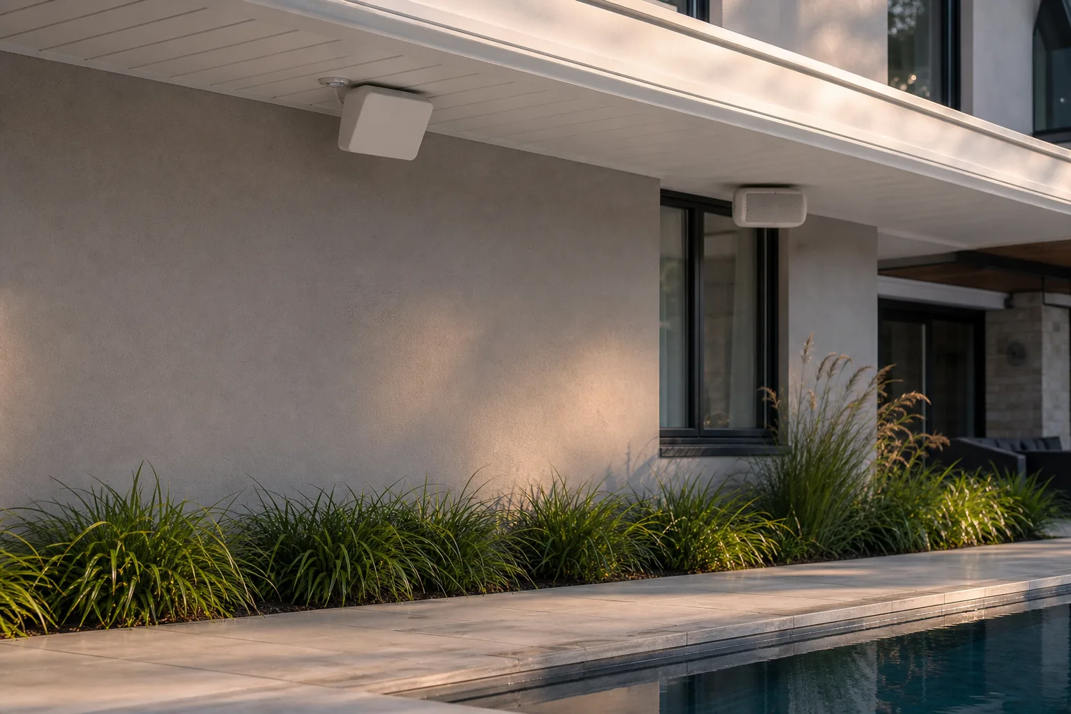Outdoor weatherproof Wi-Fi access point mounted under the soffit of a Toronto home overlooking a pool deck, Ethernet run in outdoor conduit