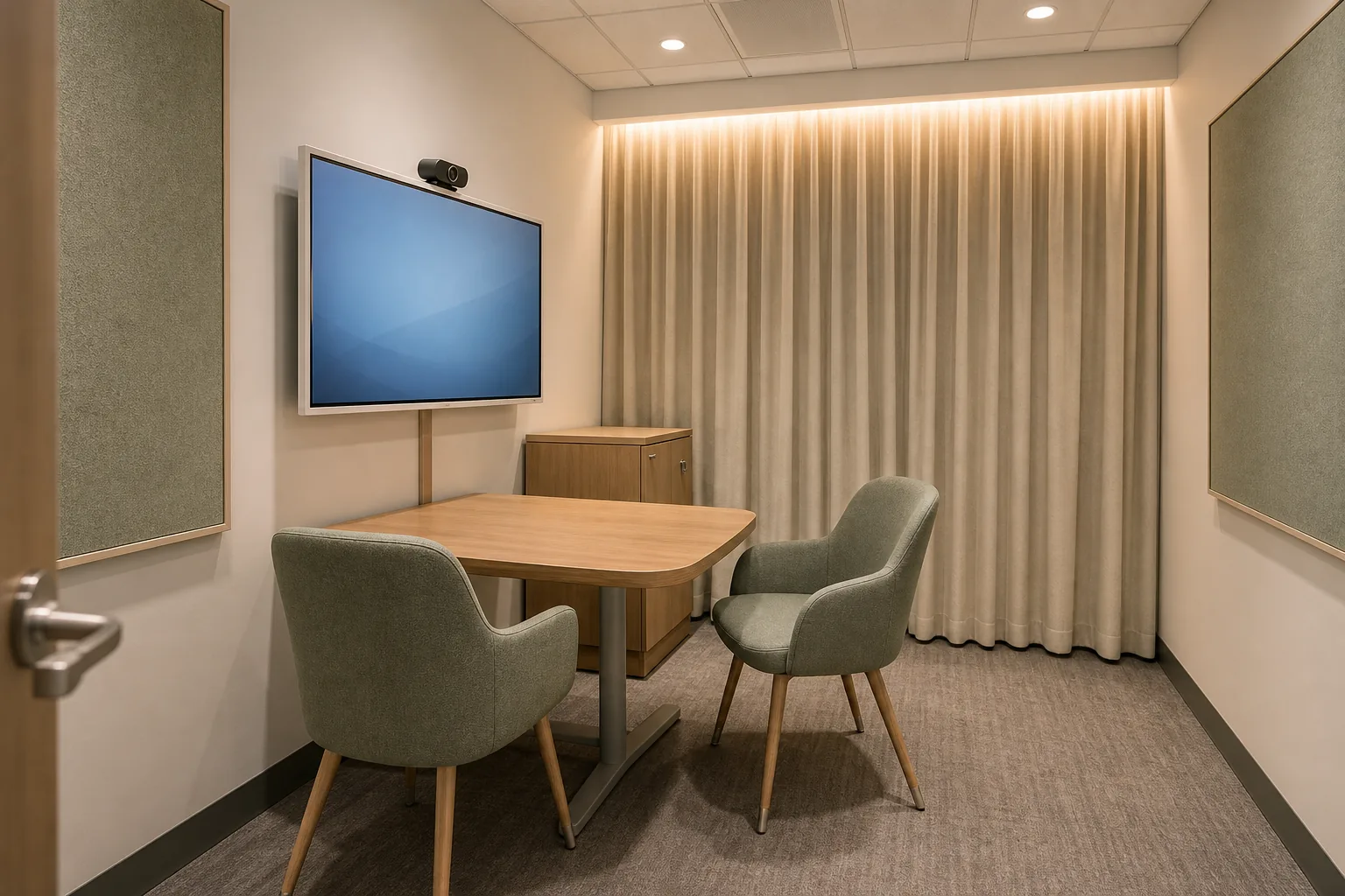 Small PHIPA-aware telehealth consult room in a Yonge Street North medical specialty office in Richmond Hill with a 43-inch display positioned to face away from any exterior window and a lockable equipment cabinet