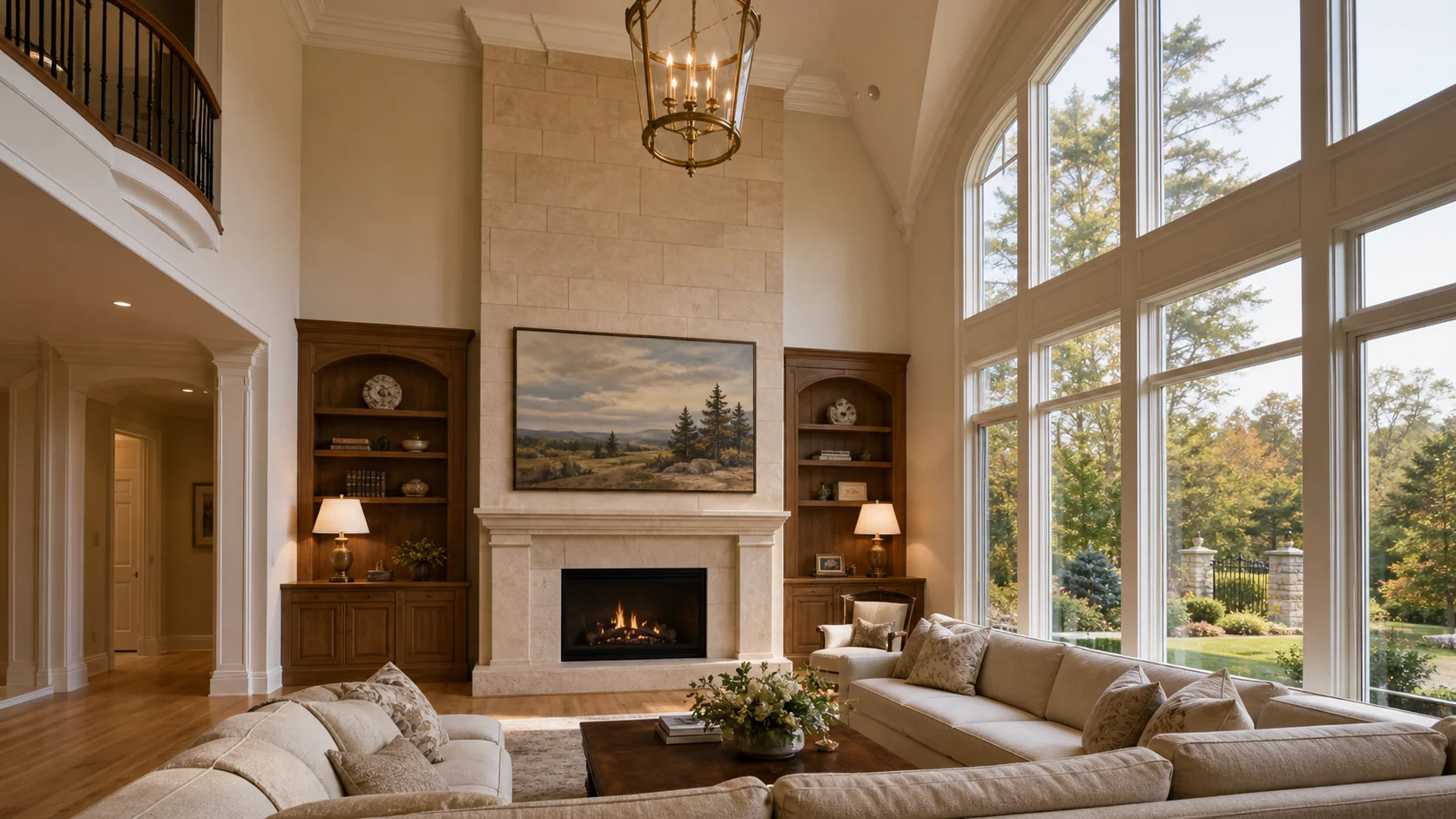 Bayview Hill estate detached double-height family room with an 85-inch Samsung Frame TV mounted flush above a tall masonry-clad gas fireplace, the room reading at scale, late-afternoon natural light