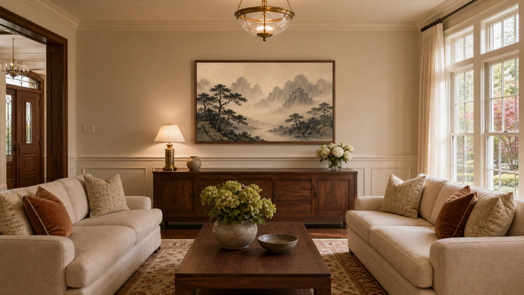 Bayview Hill formal living room with a 55- or 65-inch Samsung Frame TV mounted flush above a traditional console table, Beveled walnut bezel reading against wainscot panelling