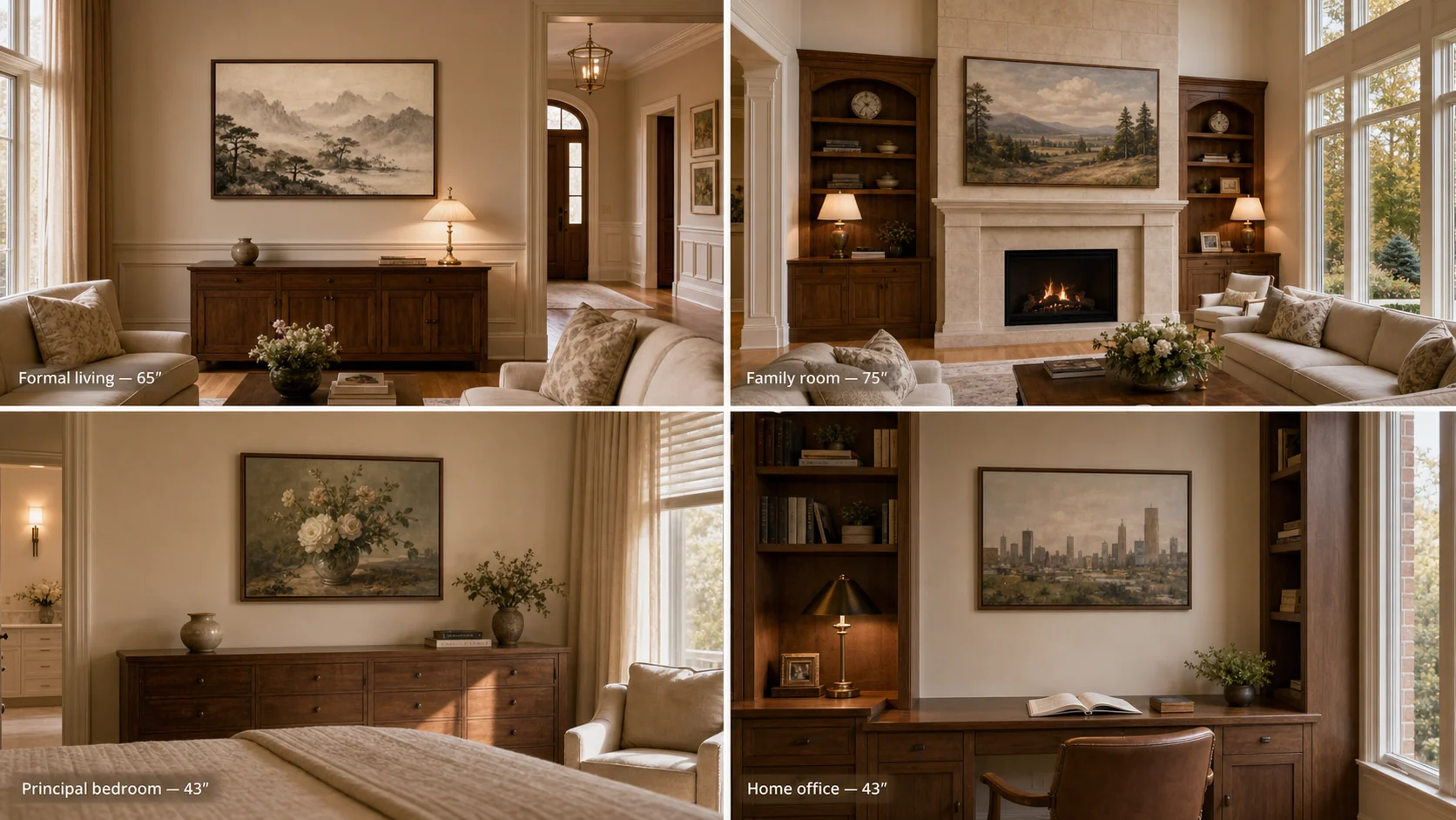 Bayview Hill estate detached home interior collage showing four Samsung Frame TV installs — 65-inch formal living room, 75-inch above family-room gas fireplace, 43-inch principal bedroom, 43-inch home office