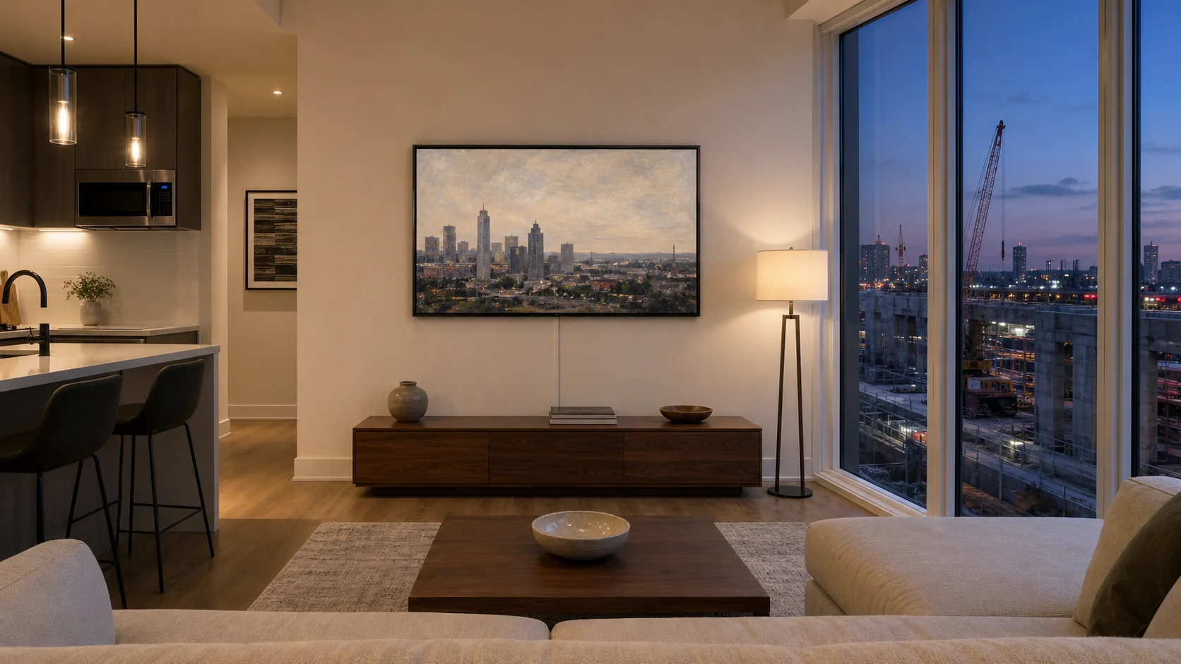Richmond Hill Centre or Langstaff Gateway condo great room with a 55-inch Samsung Frame TV mounted flush on a feature wall, low-profile paint-matched cable raceway running down to a media console