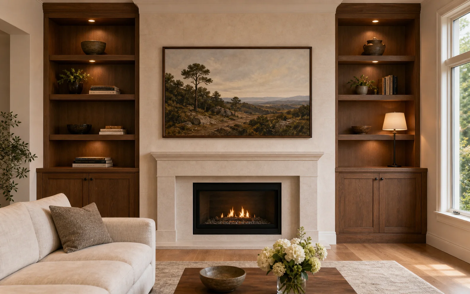 Bayview Hill family great room with a 65-inch Samsung Frame TV mounted flush above a gas fireplace, the screen showing a soft Art Mode landscape painting, Beveled walnut bezel reading against warm wide-plank floors