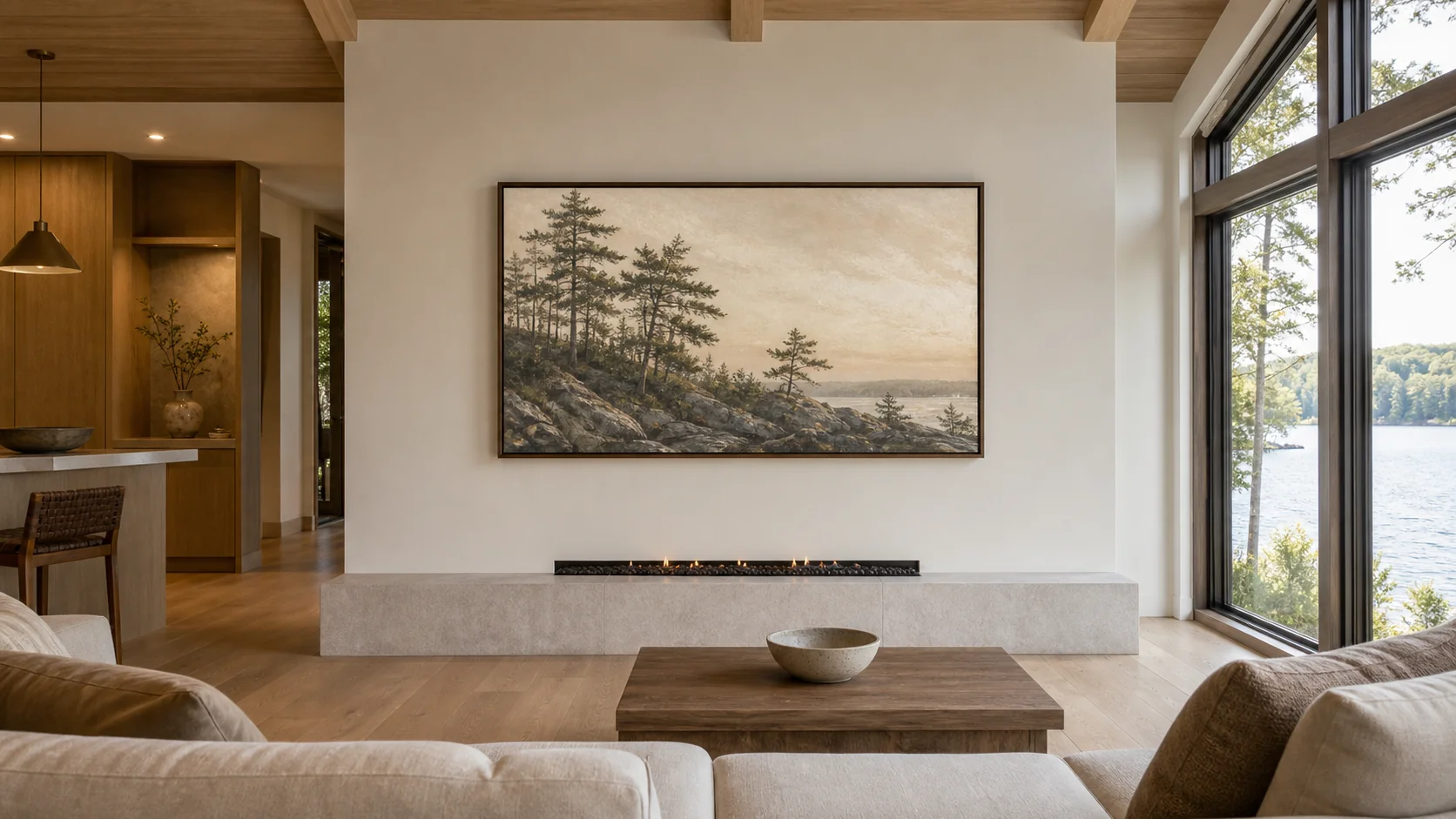 Lake Wilcox custom-rebuild great room with a 75-inch Samsung Frame TV mounted flush on the partition wall opposite a lake-facing window wall, mid-afternoon reflected lake light
